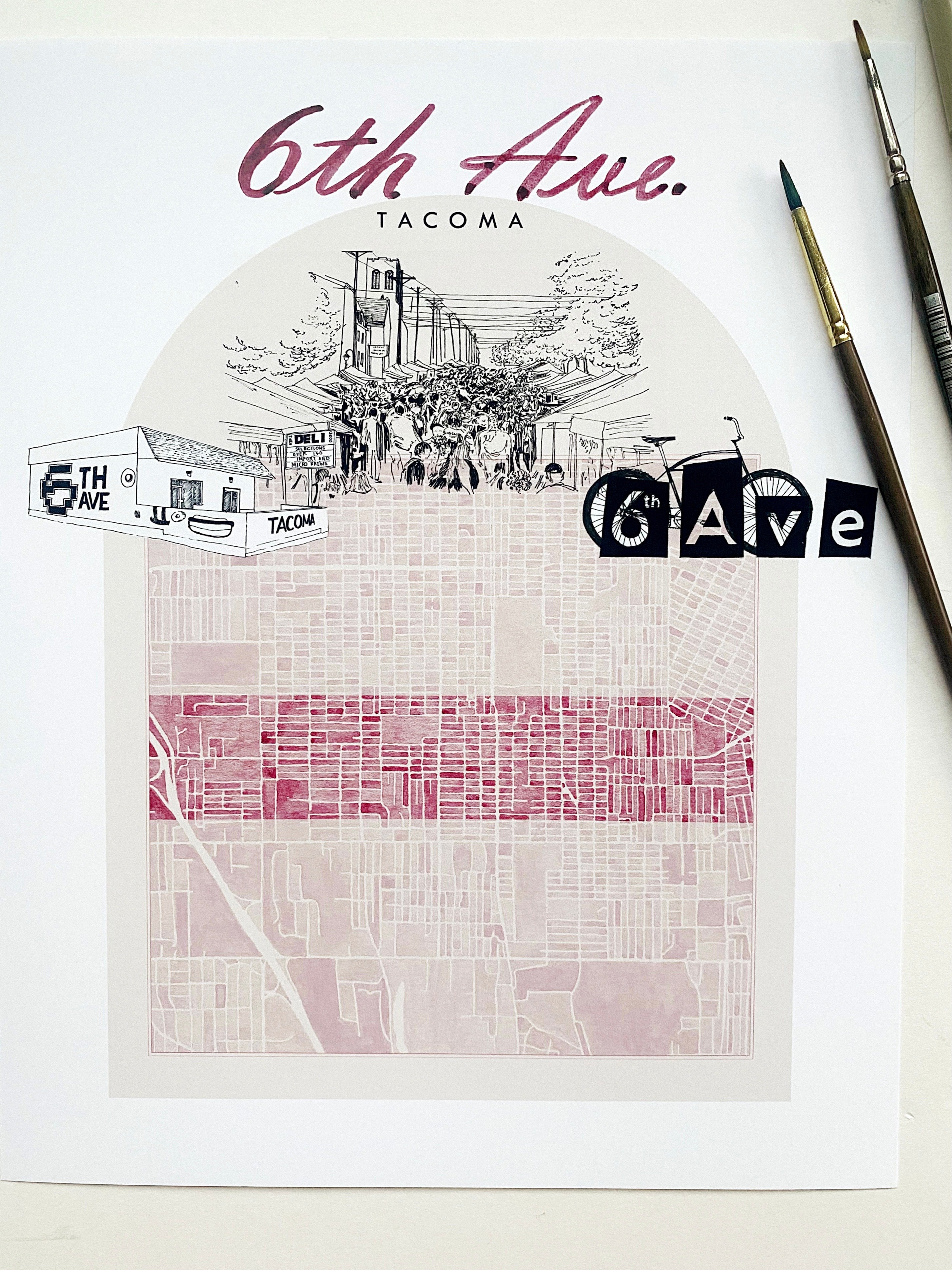 new SIXTH AVE TACOMA Neighborhood "Charms" Watercolor Map: PRINT