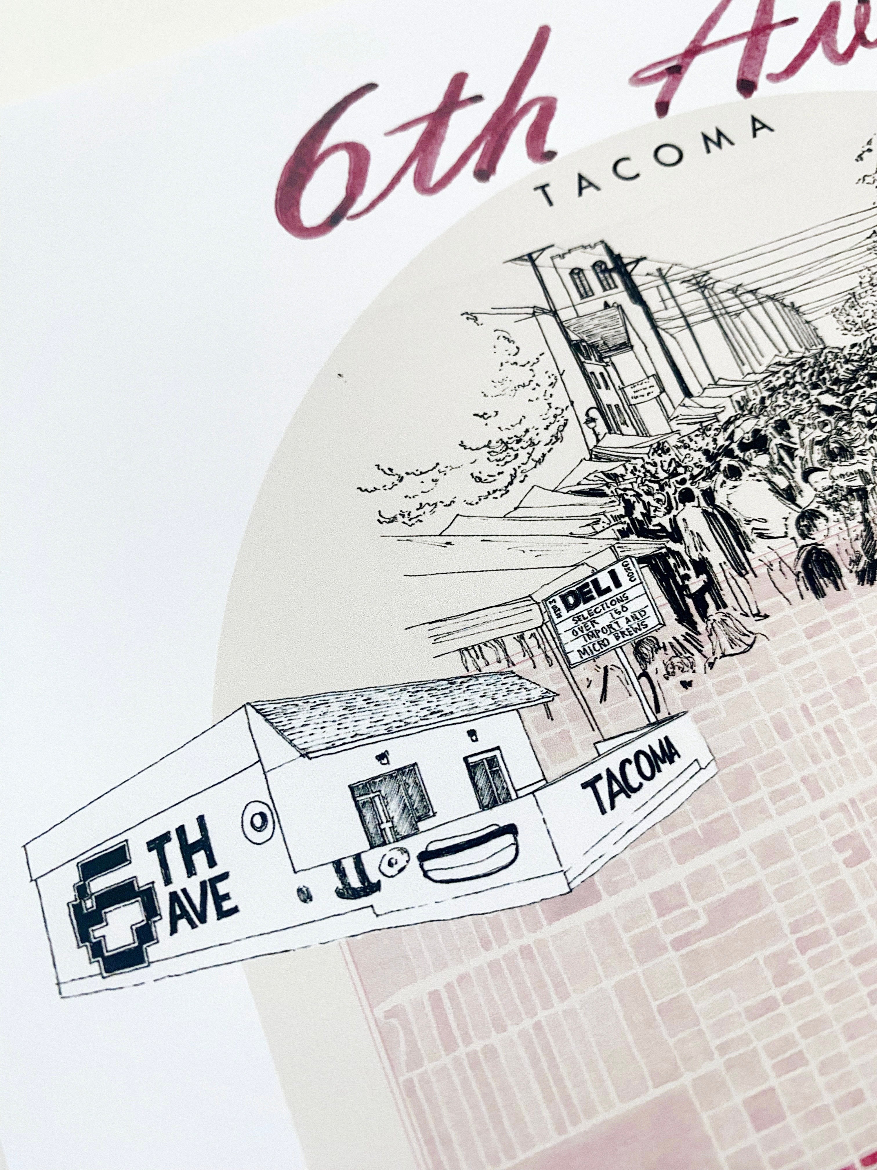 new SIXTH AVE TACOMA Neighborhood "Charms" Watercolor Map: PRINT