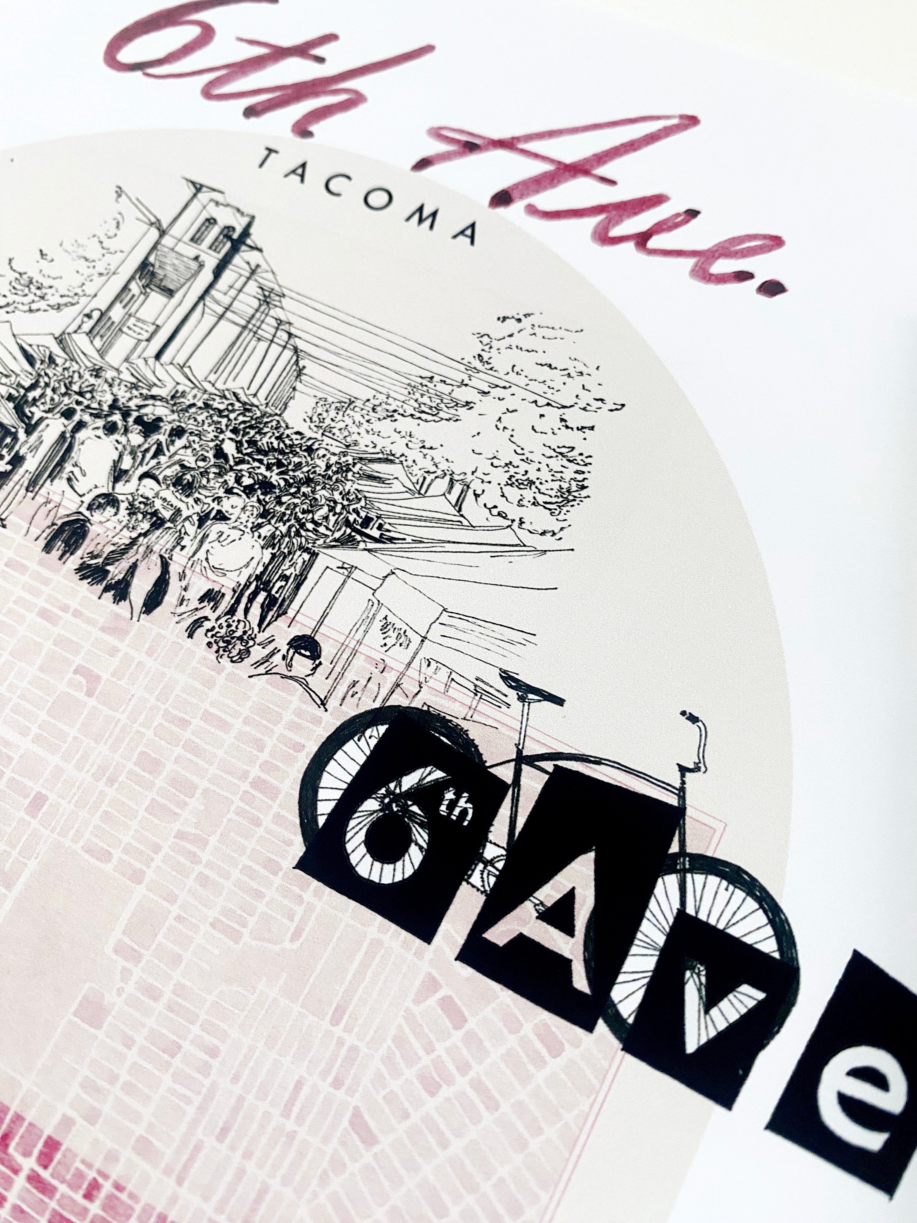 new SIXTH AVE TACOMA Neighborhood "Charms" Watercolor Map: PRINT