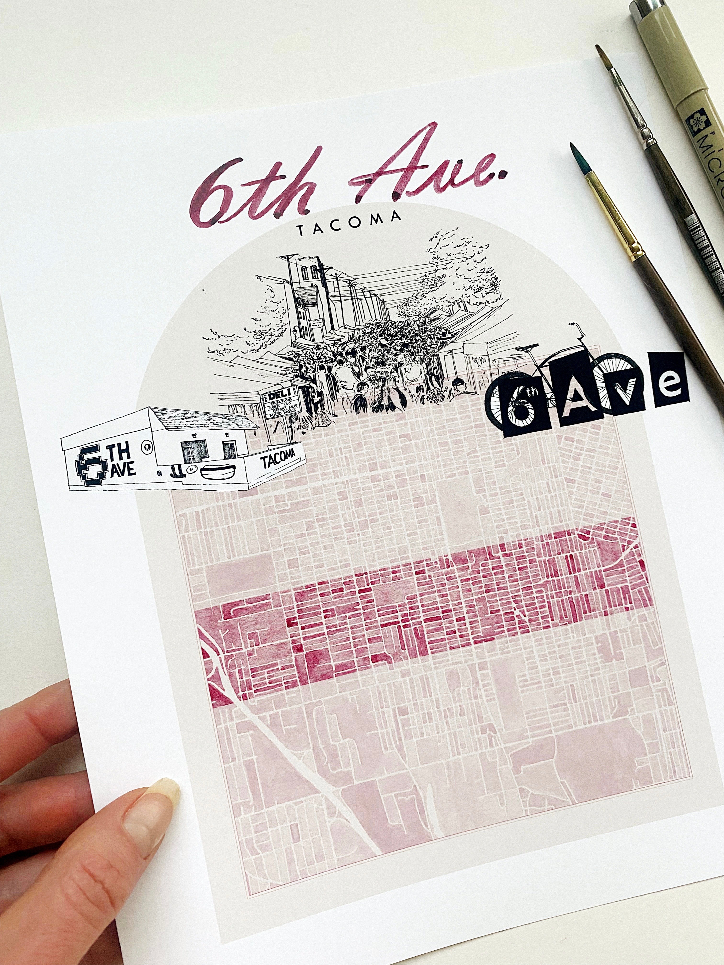 new SIXTH AVE TACOMA Neighborhood "Charms" Watercolor Map: PRINT