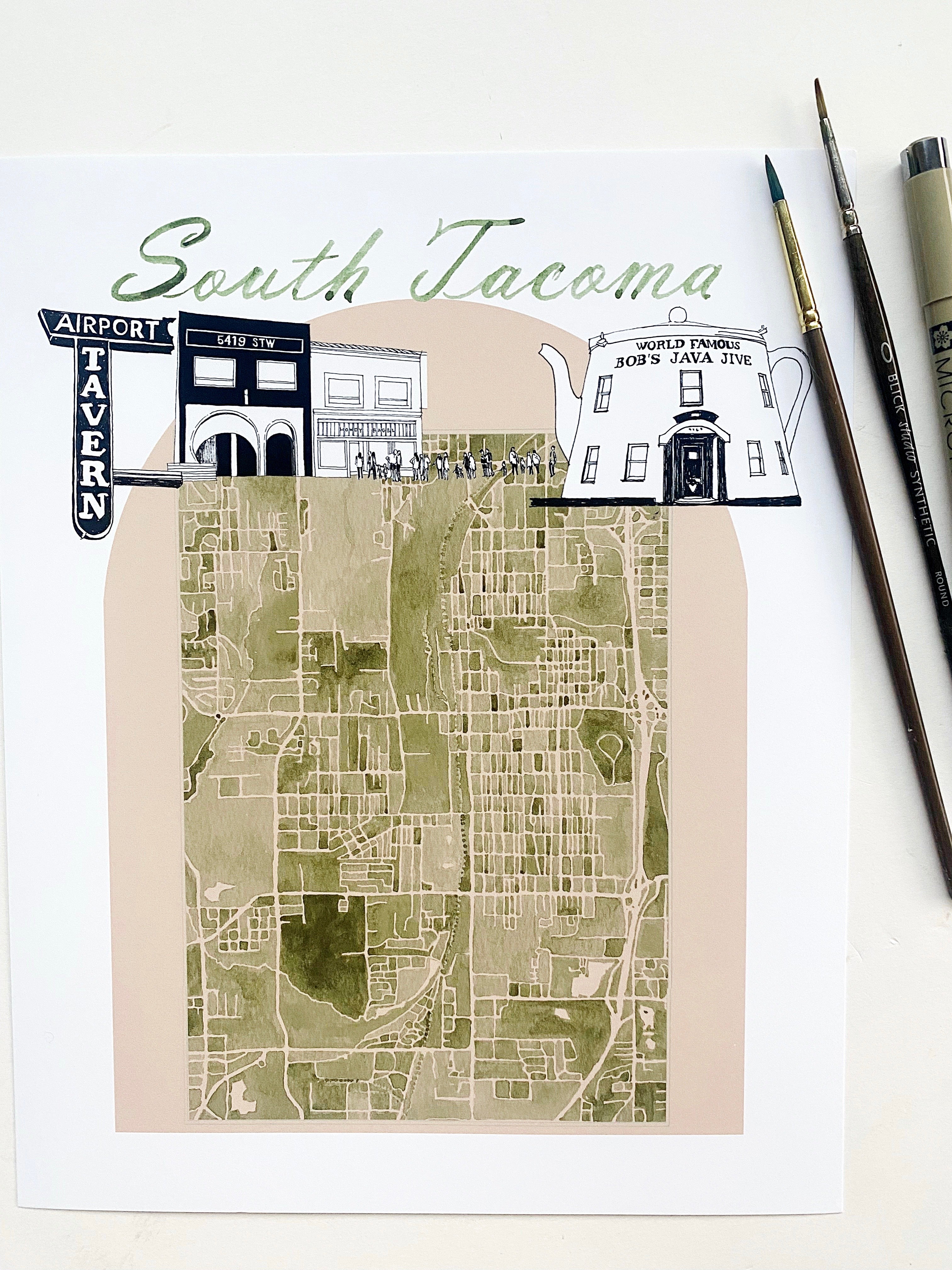 new SOUTH TACOMA Neighborhood "Charms" Watercolor Map: PRINT