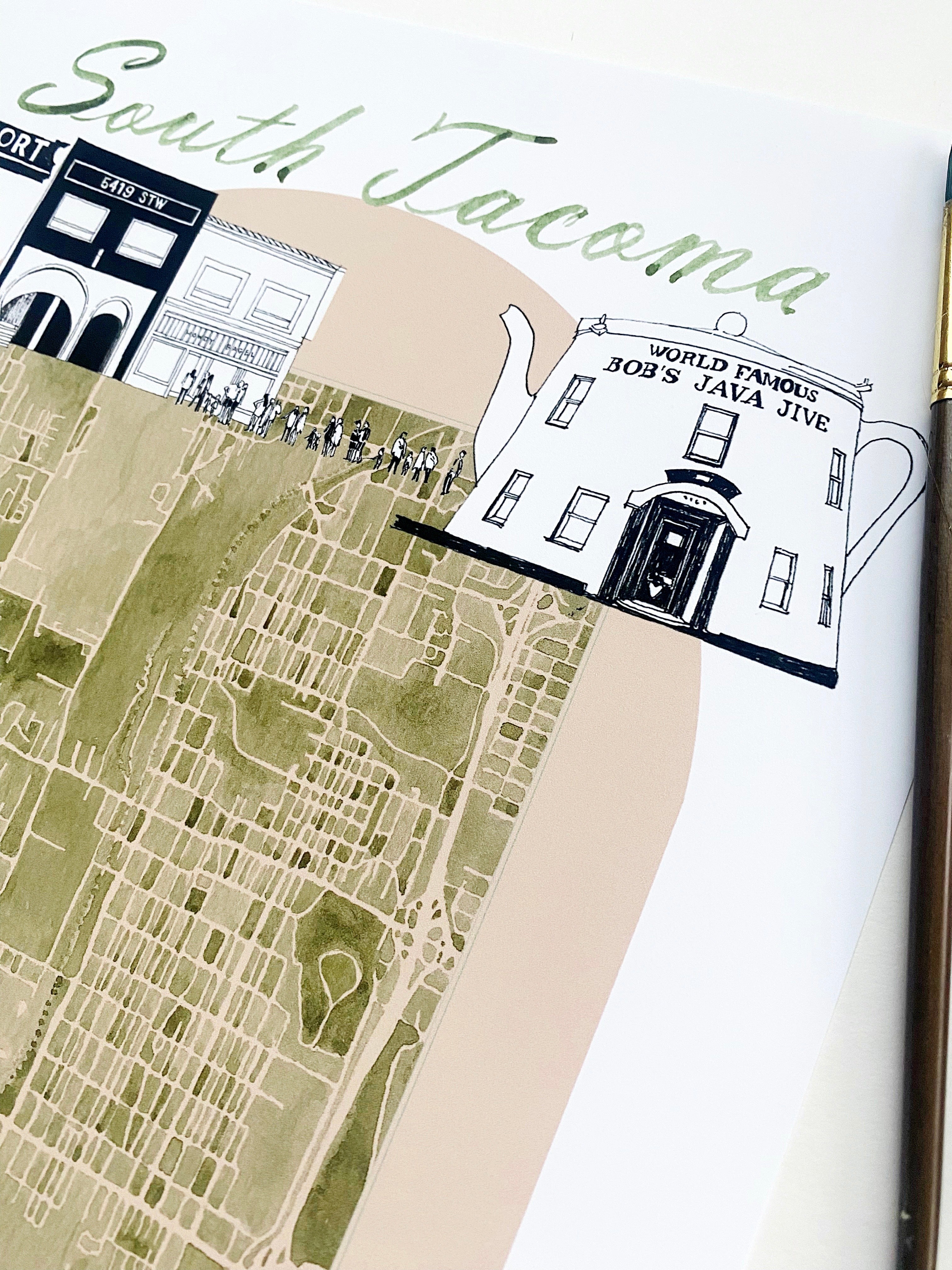 new SOUTH TACOMA Neighborhood "Charms" Watercolor Map: PRINT