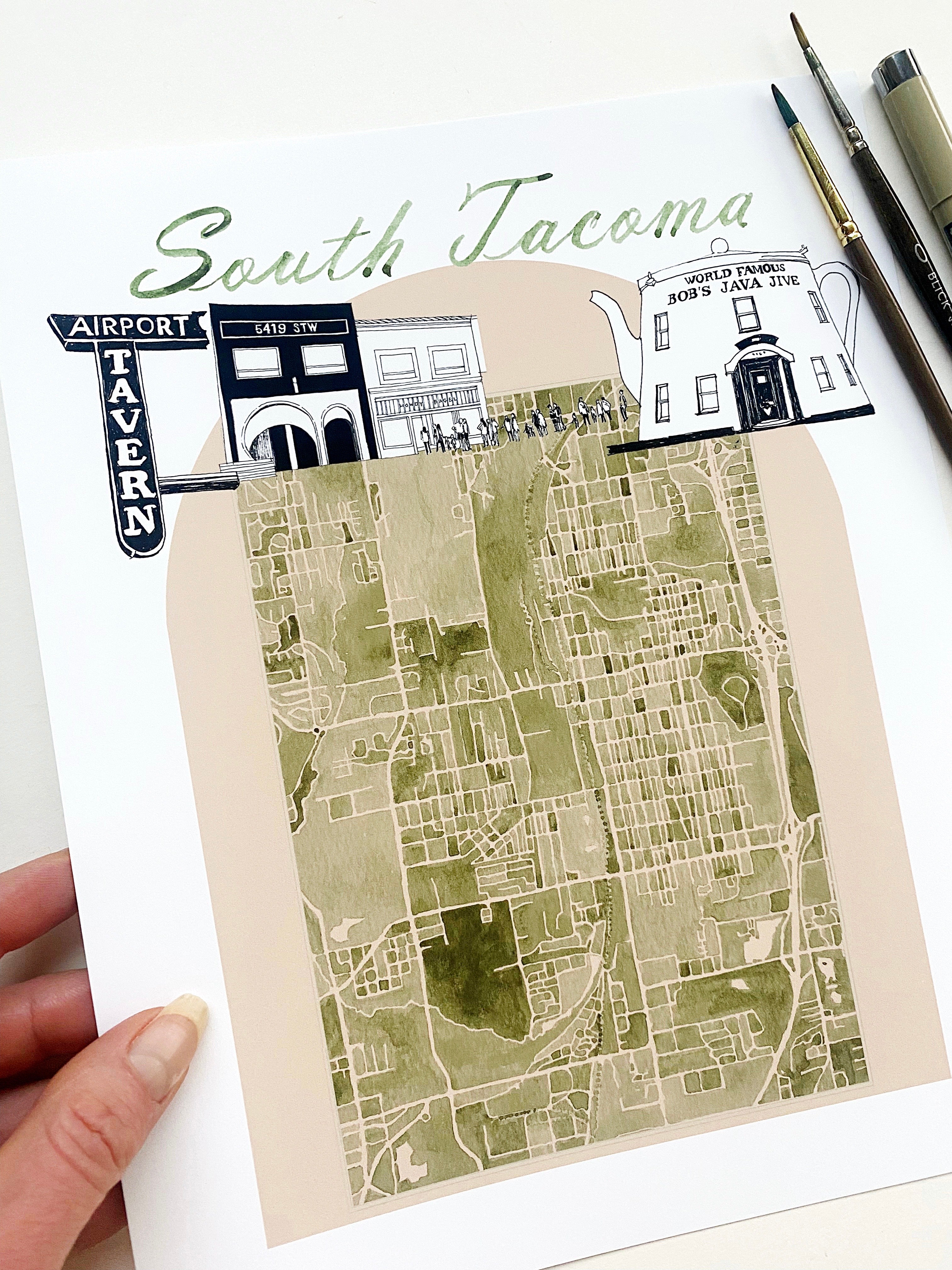 new SOUTH TACOMA Neighborhood "Charms" Watercolor Map: PRINT