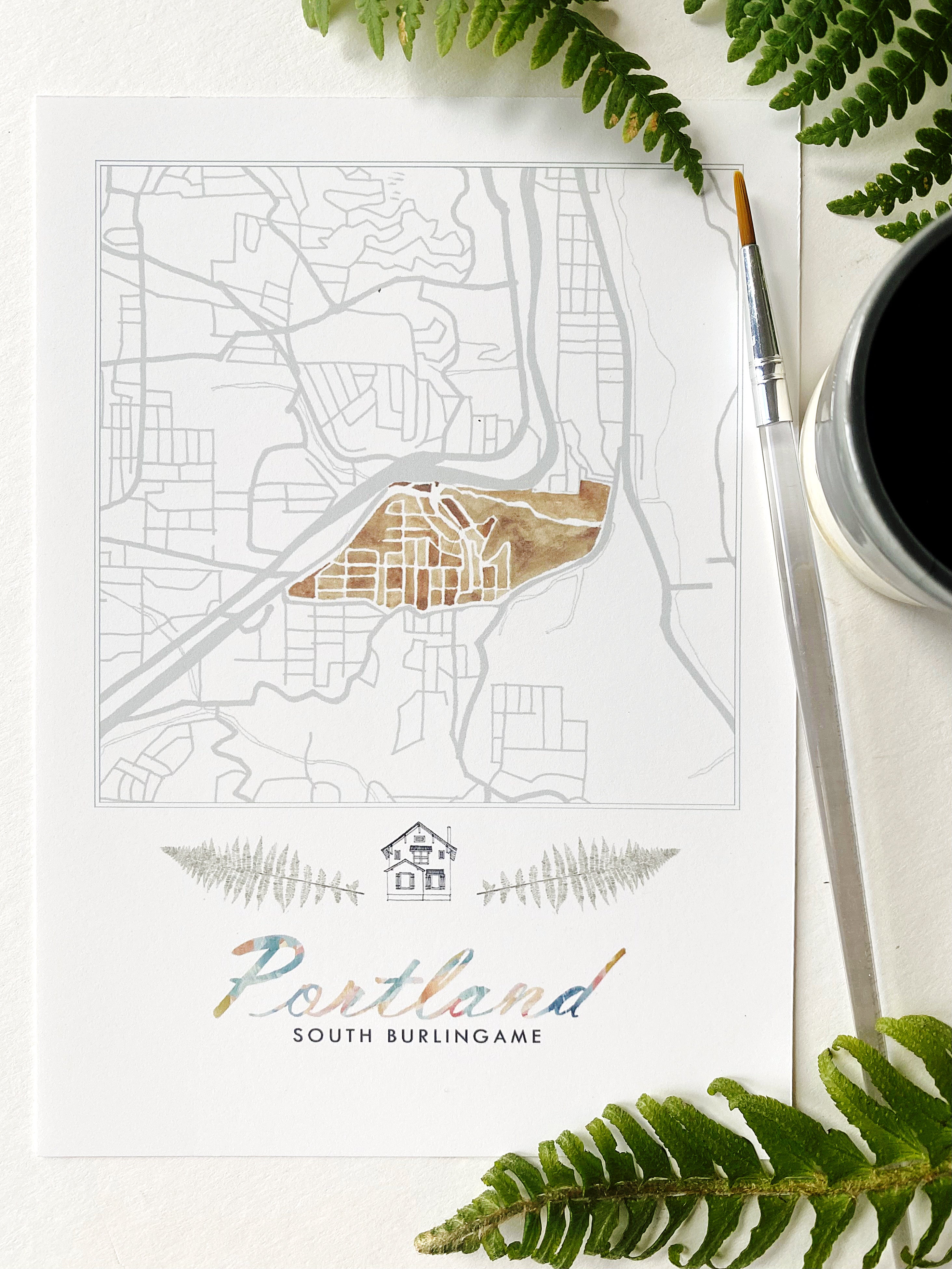South Burlingame PORTLAND Neighborhood Watercolor Map: PRINT
