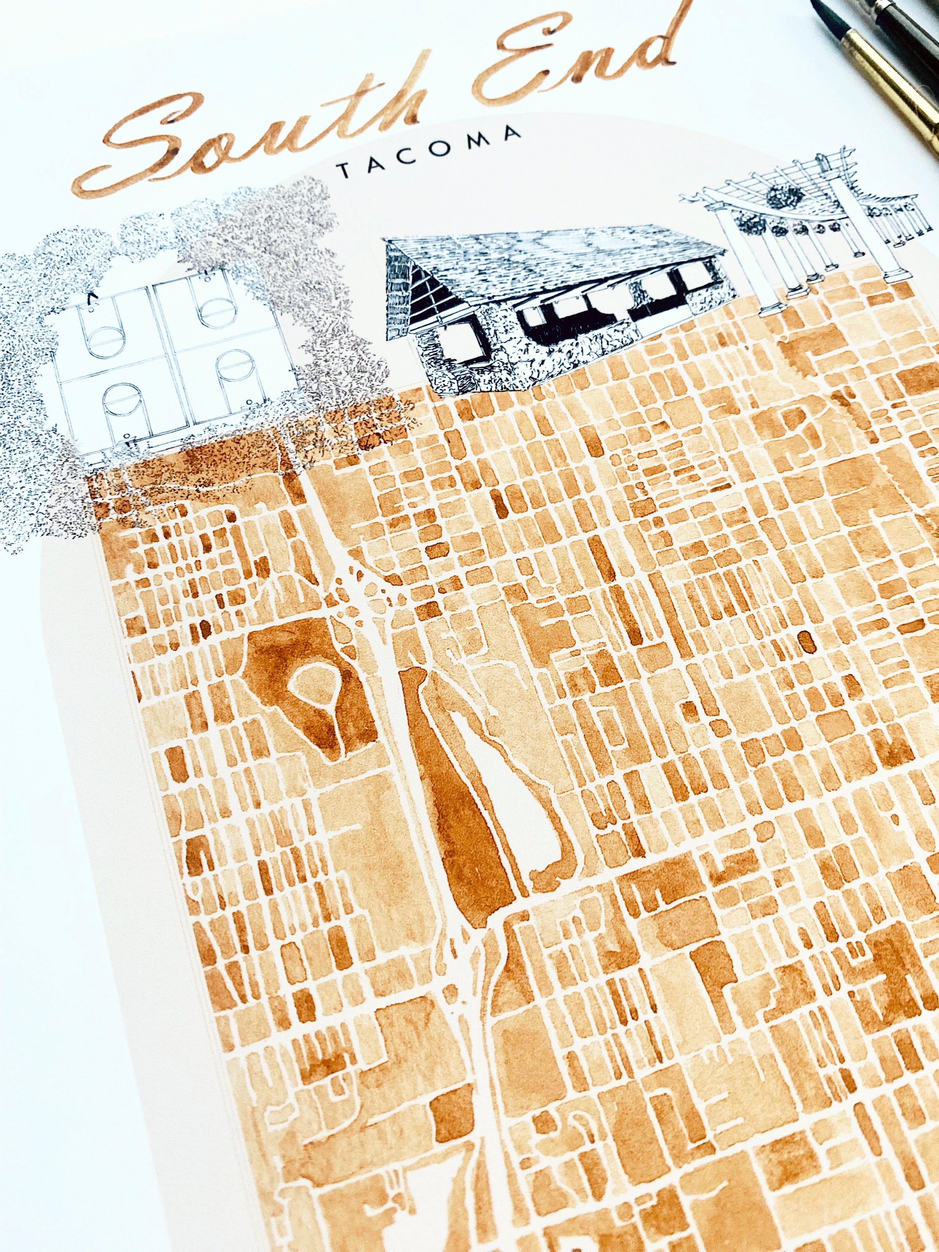new SOUTH END TACOMA Neighborhood "Charms" Watercolor Map: PRINT