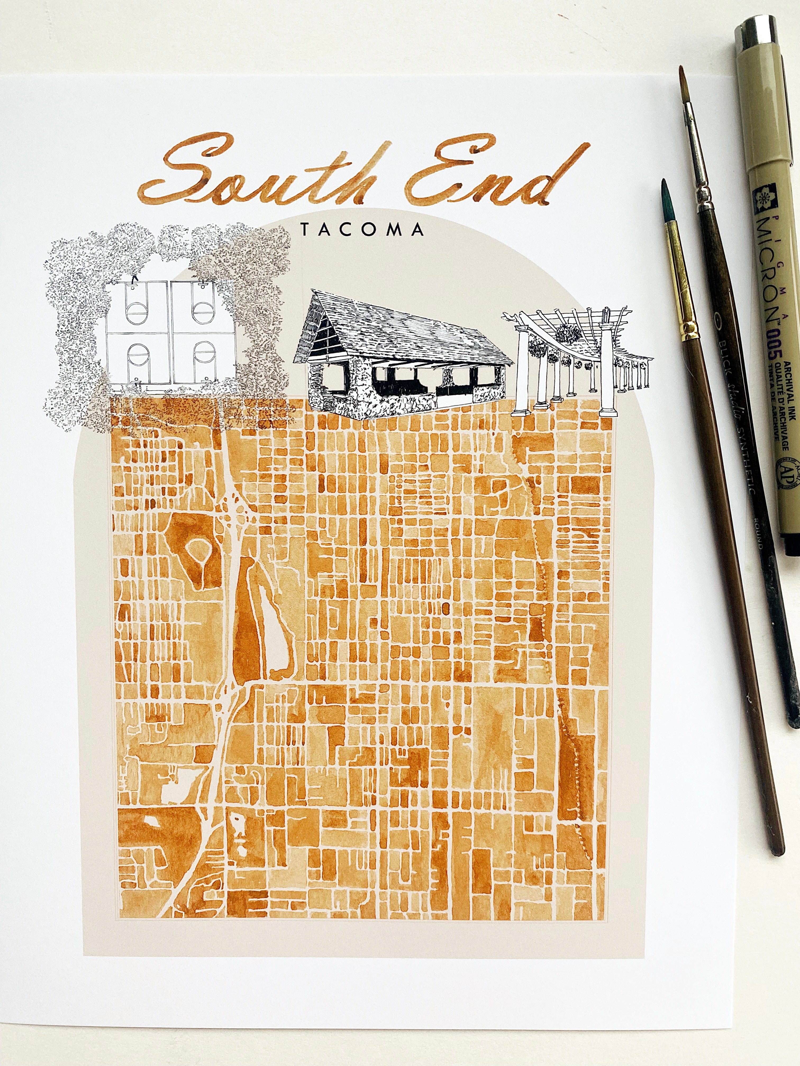 new SOUTH END TACOMA Neighborhood "Charms" Watercolor Map: PRINT