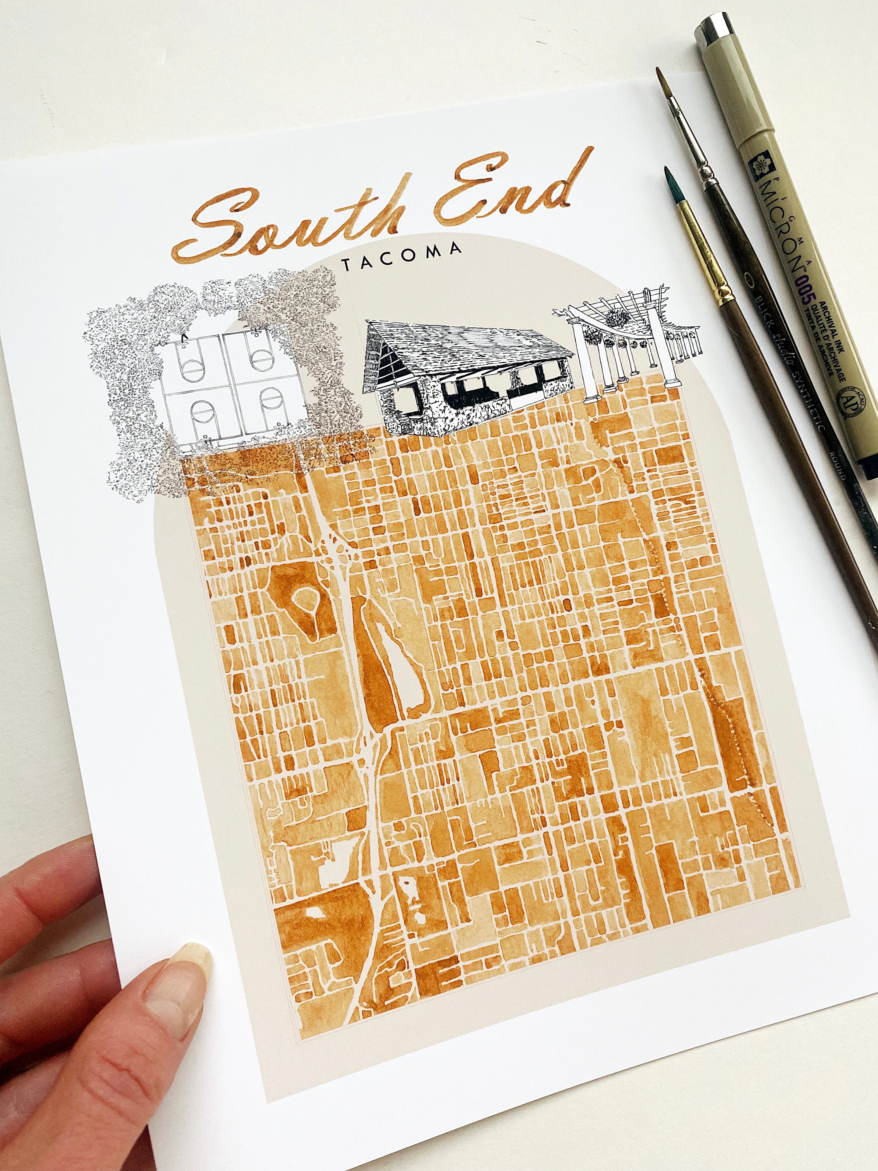 new SOUTH END TACOMA Neighborhood "Charms" Watercolor Map: PRINT