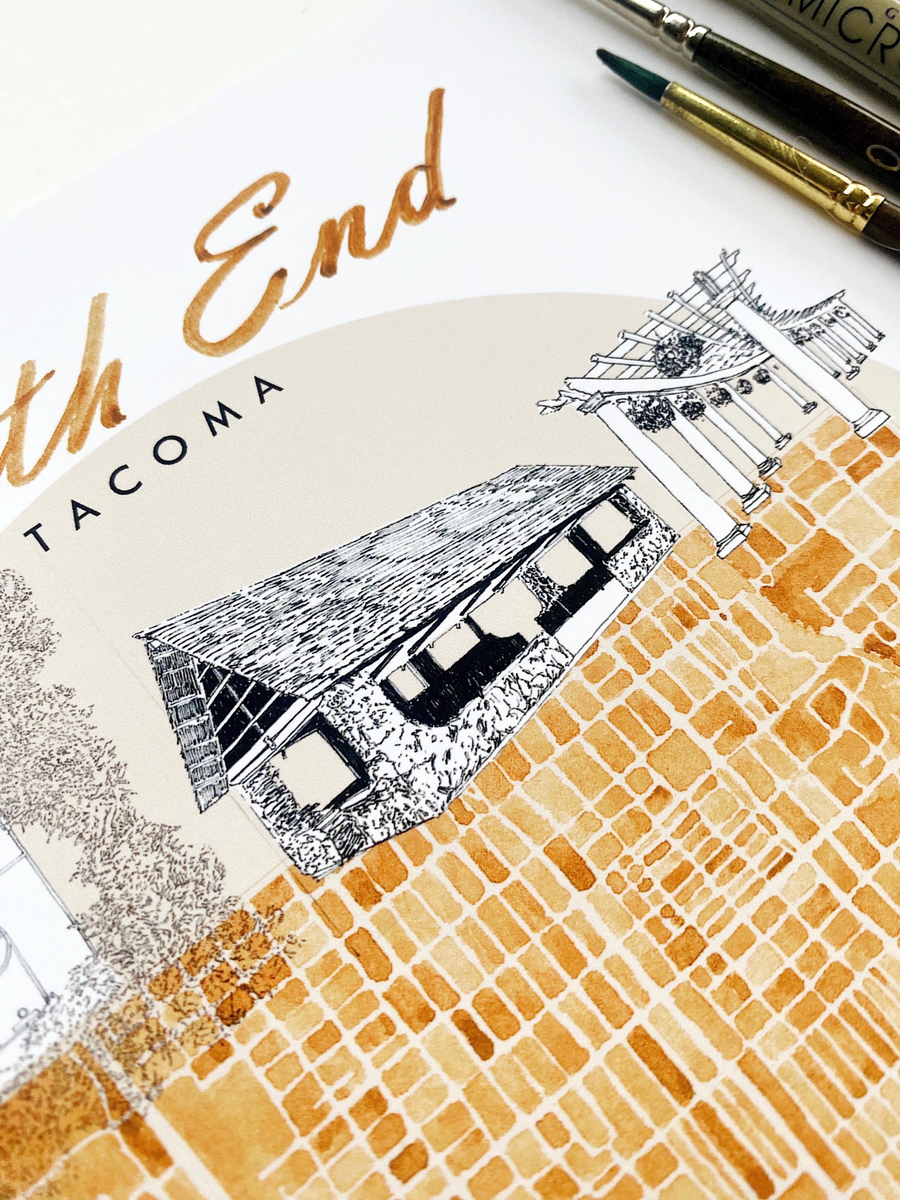 new SOUTH END TACOMA Neighborhood "Charms" Watercolor Map: PRINT