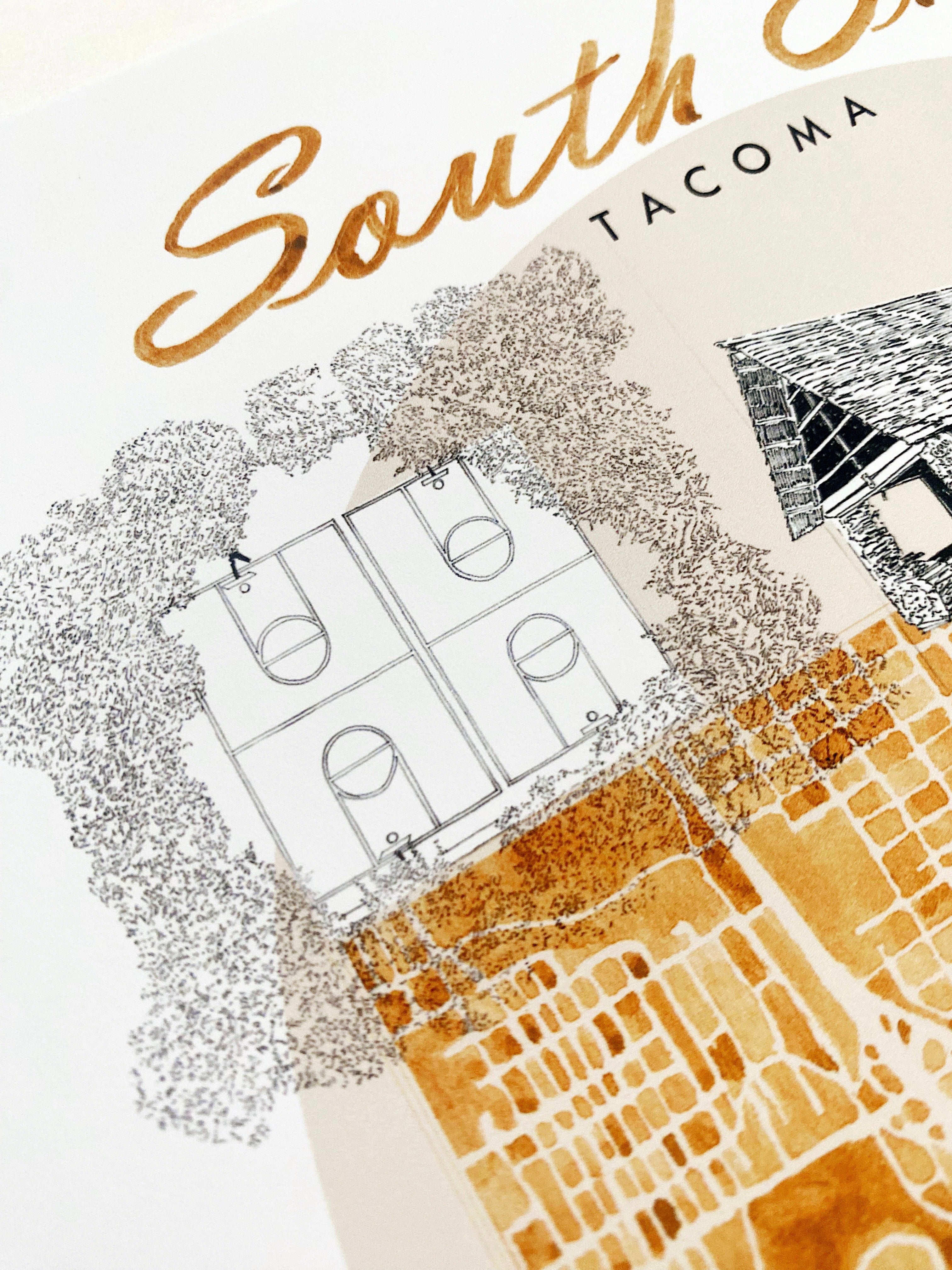 new SOUTH END TACOMA Neighborhood "Charms" Watercolor Map: PRINT
