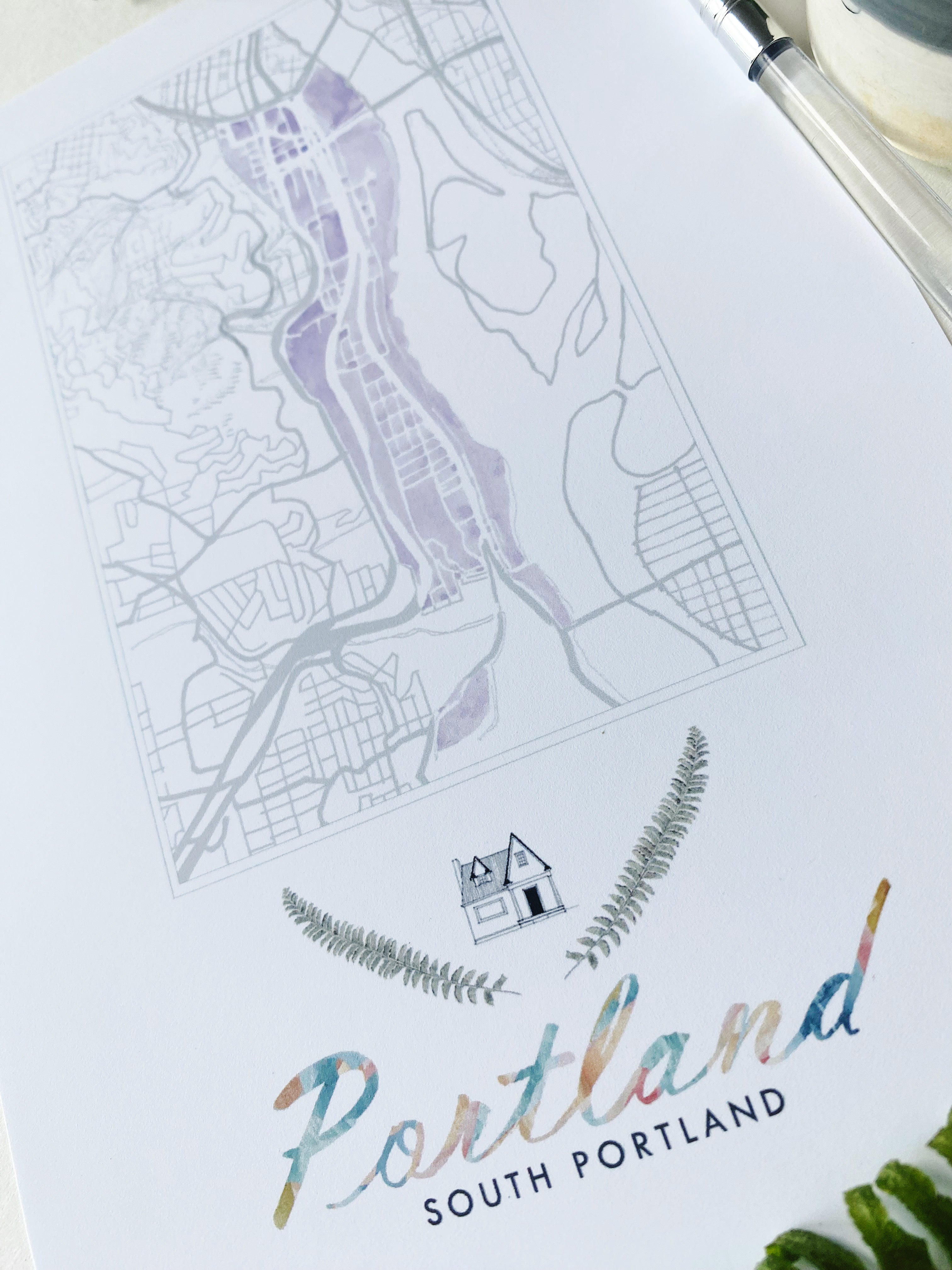 South PORTLAND Neighborhood Watercolor Map: PRINT