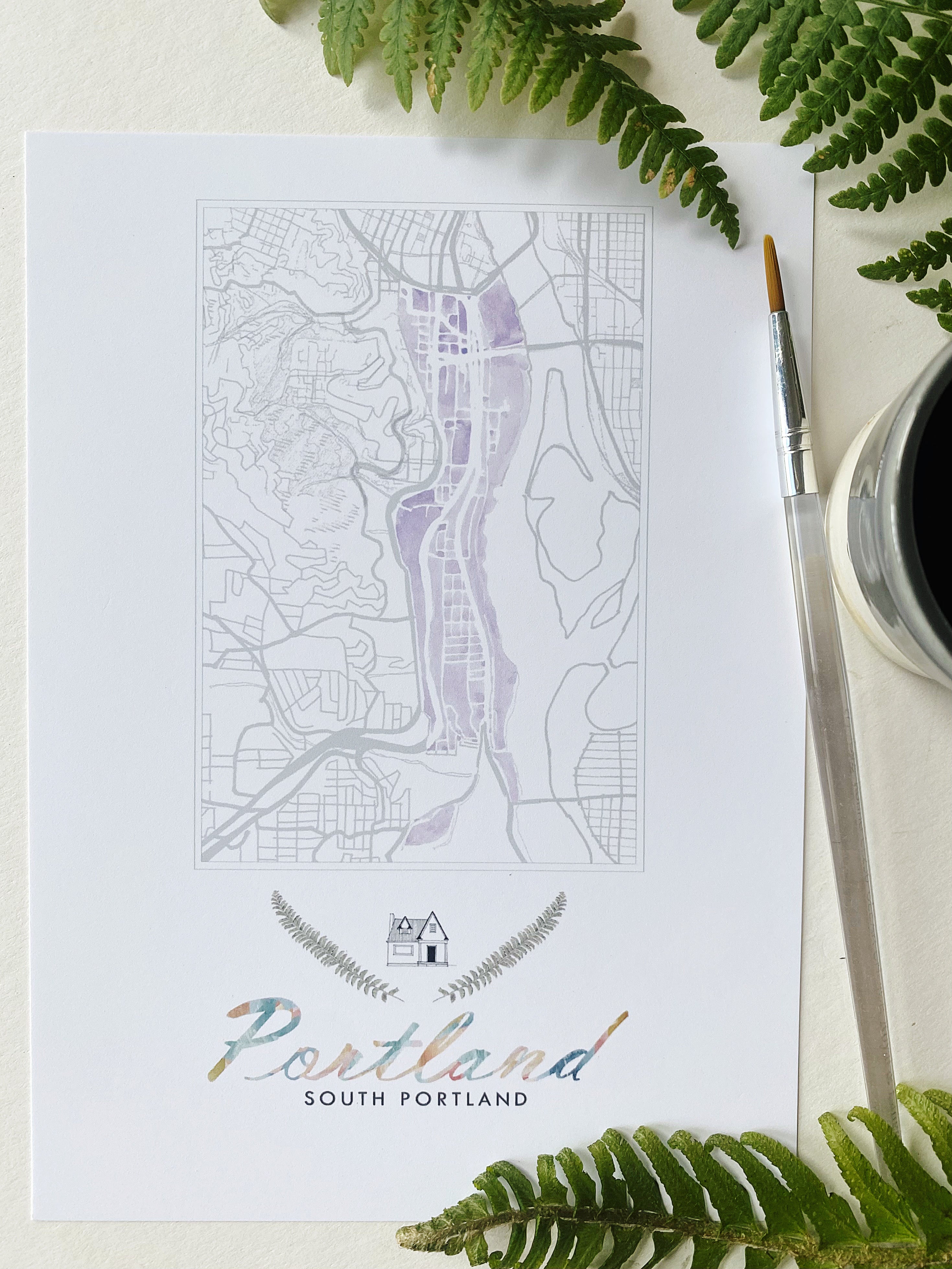 South PORTLAND Neighborhood Watercolor Map: PRINT
