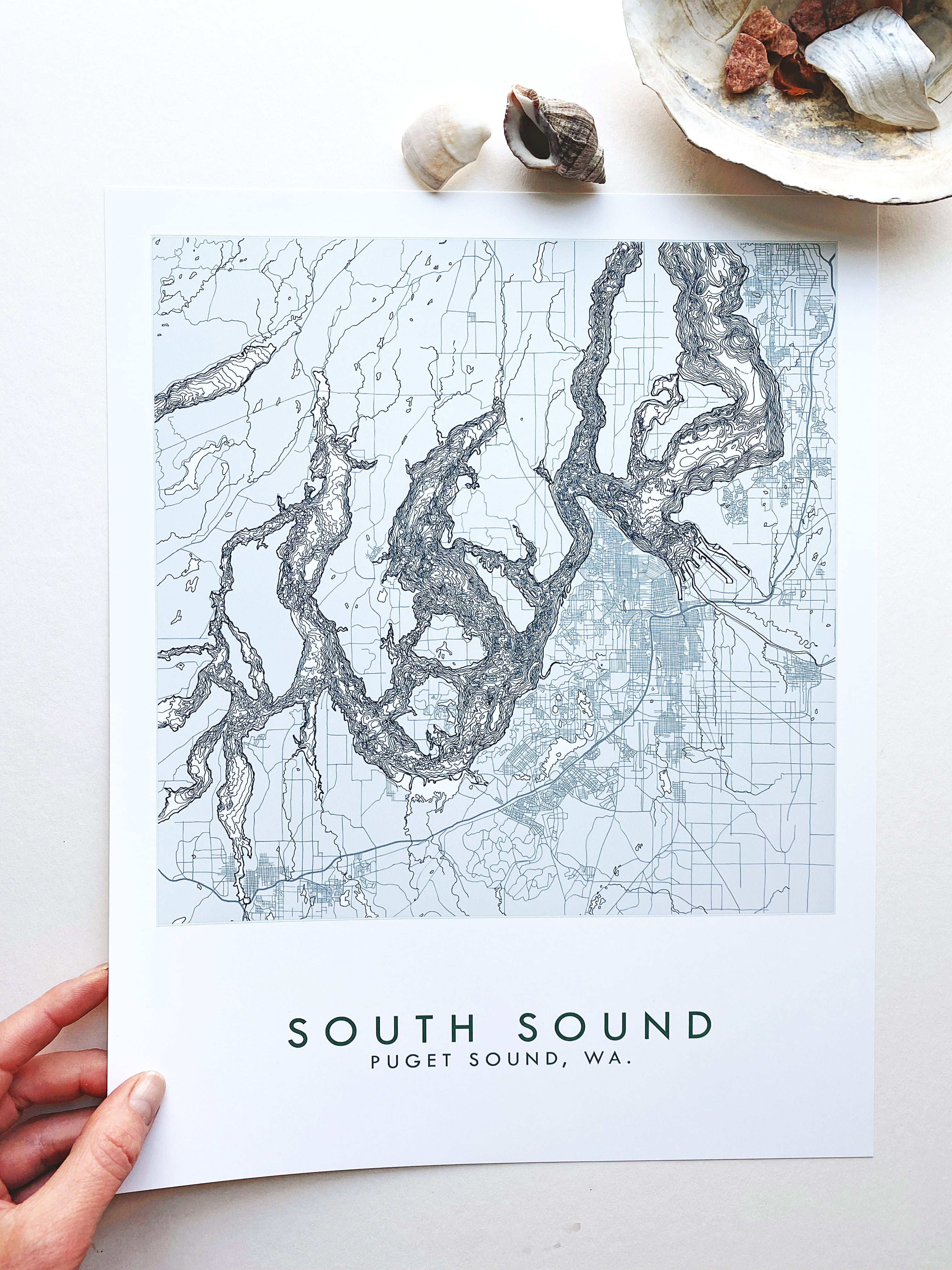 SOUTH Puget SOUND Land + Water Map Drawing: PRINT