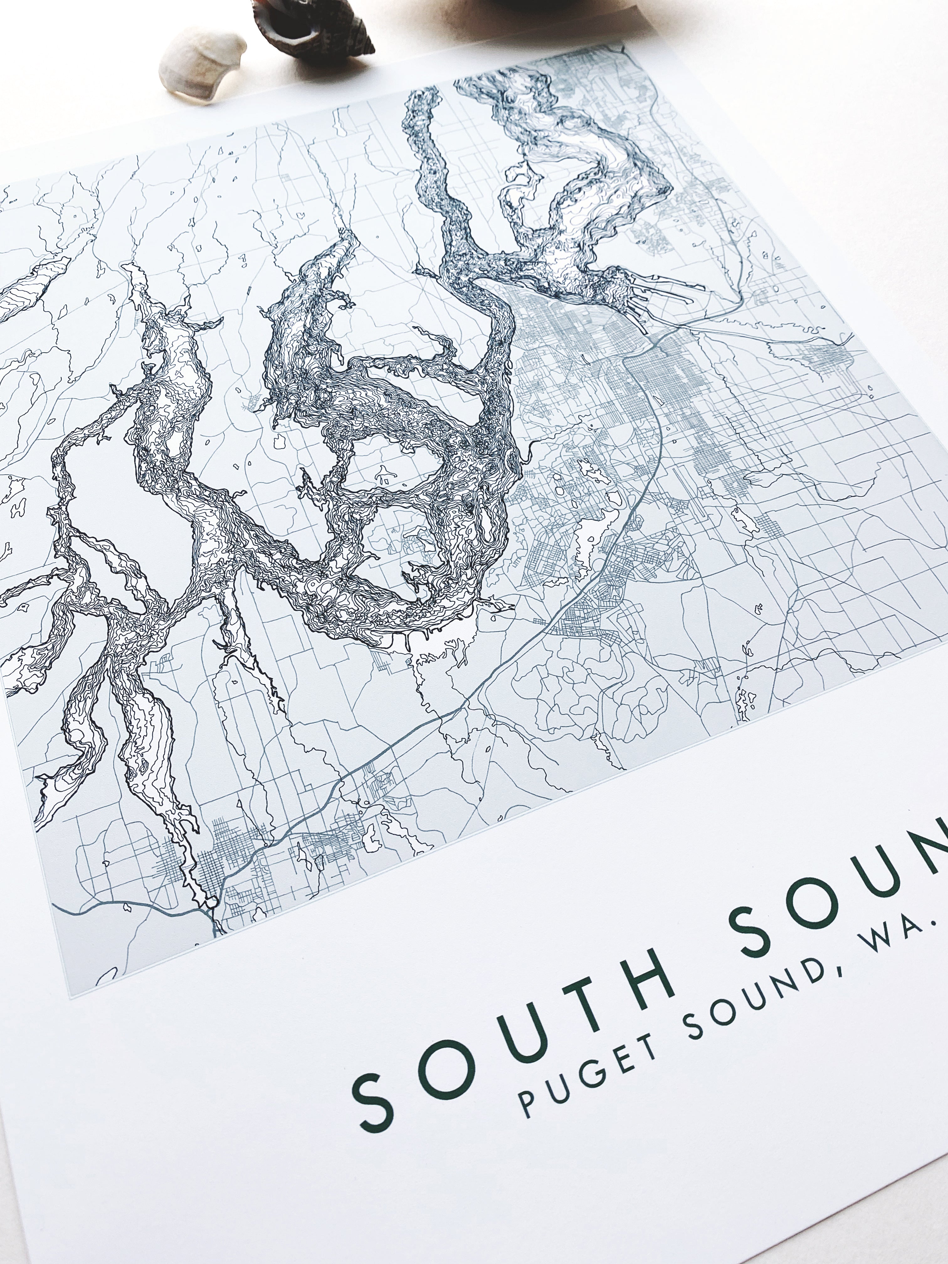 SOUTH Puget SOUND Land + Water Map Drawing: PRINT