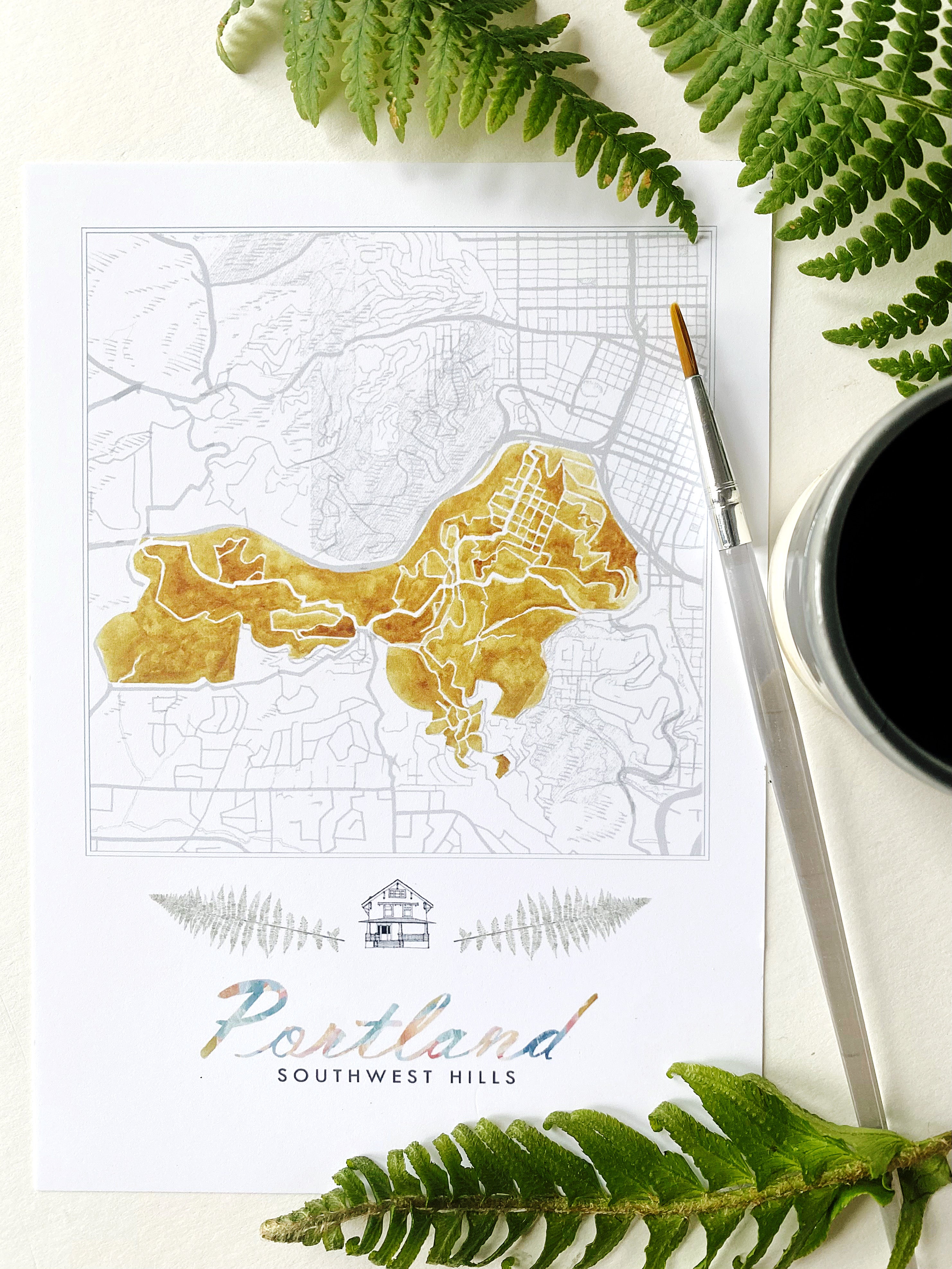 Southwest Hills PORTLAND Neighborhood Watercolor Map: PRINT