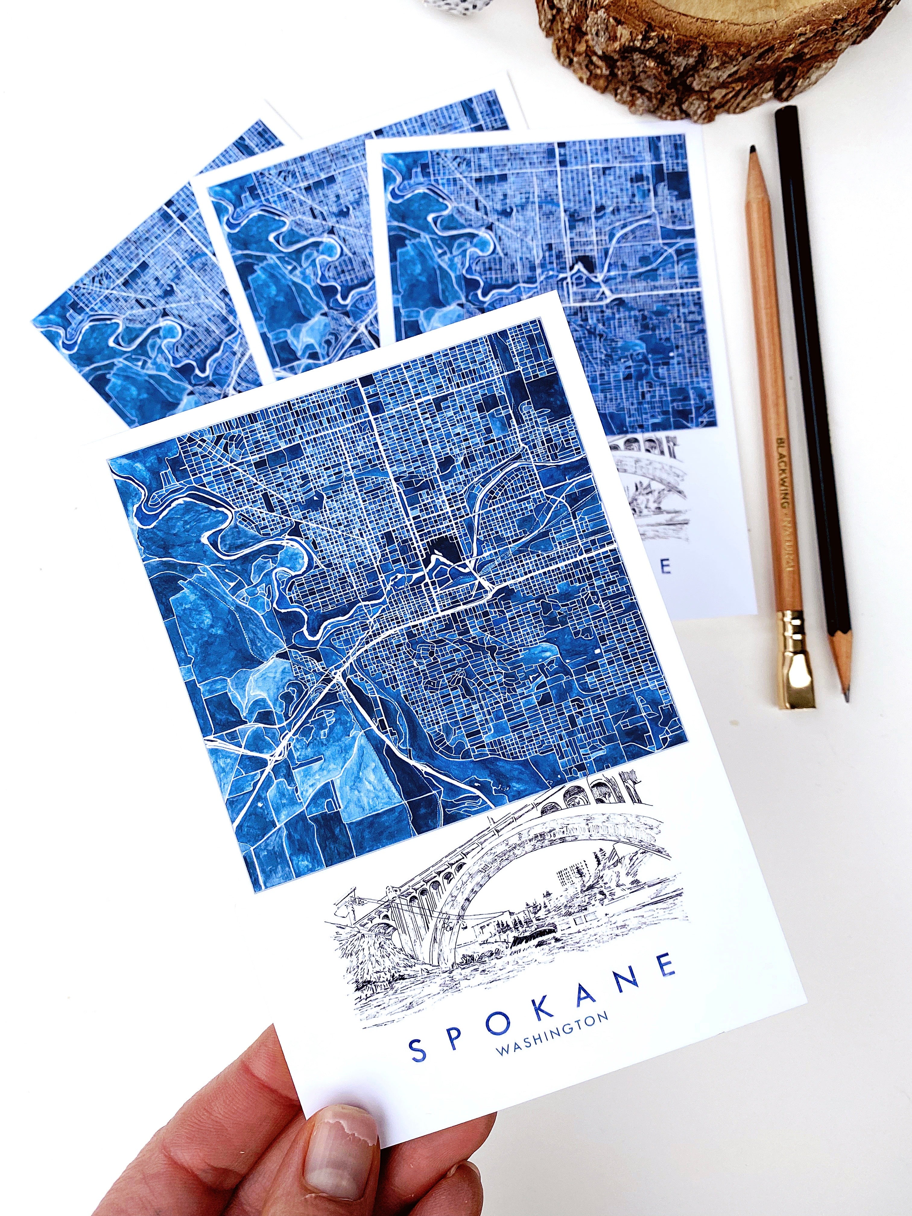 SPOKANE Washington Watercolor City Map Postcard