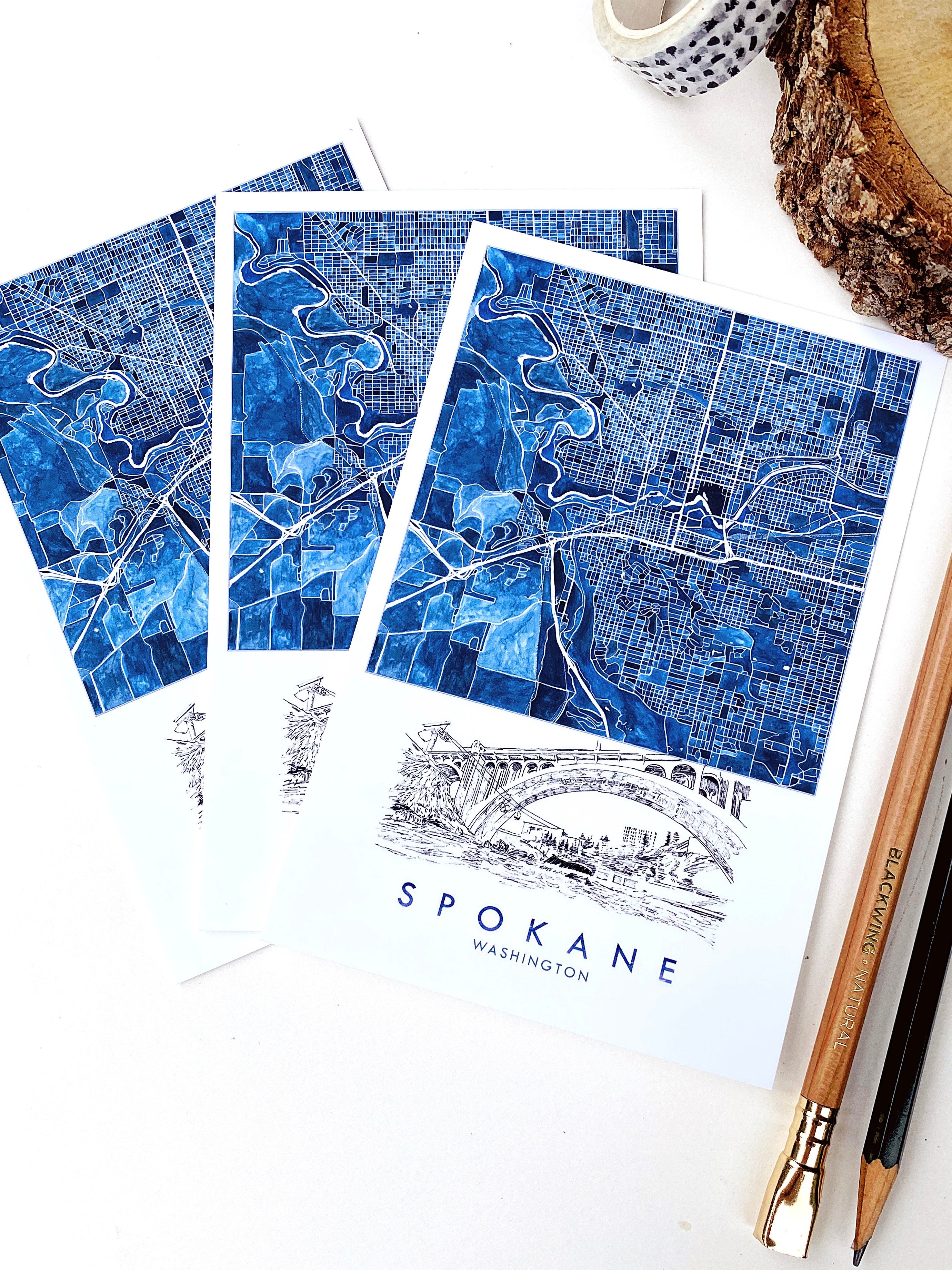 SPOKANE Washington Watercolor City Map Postcard