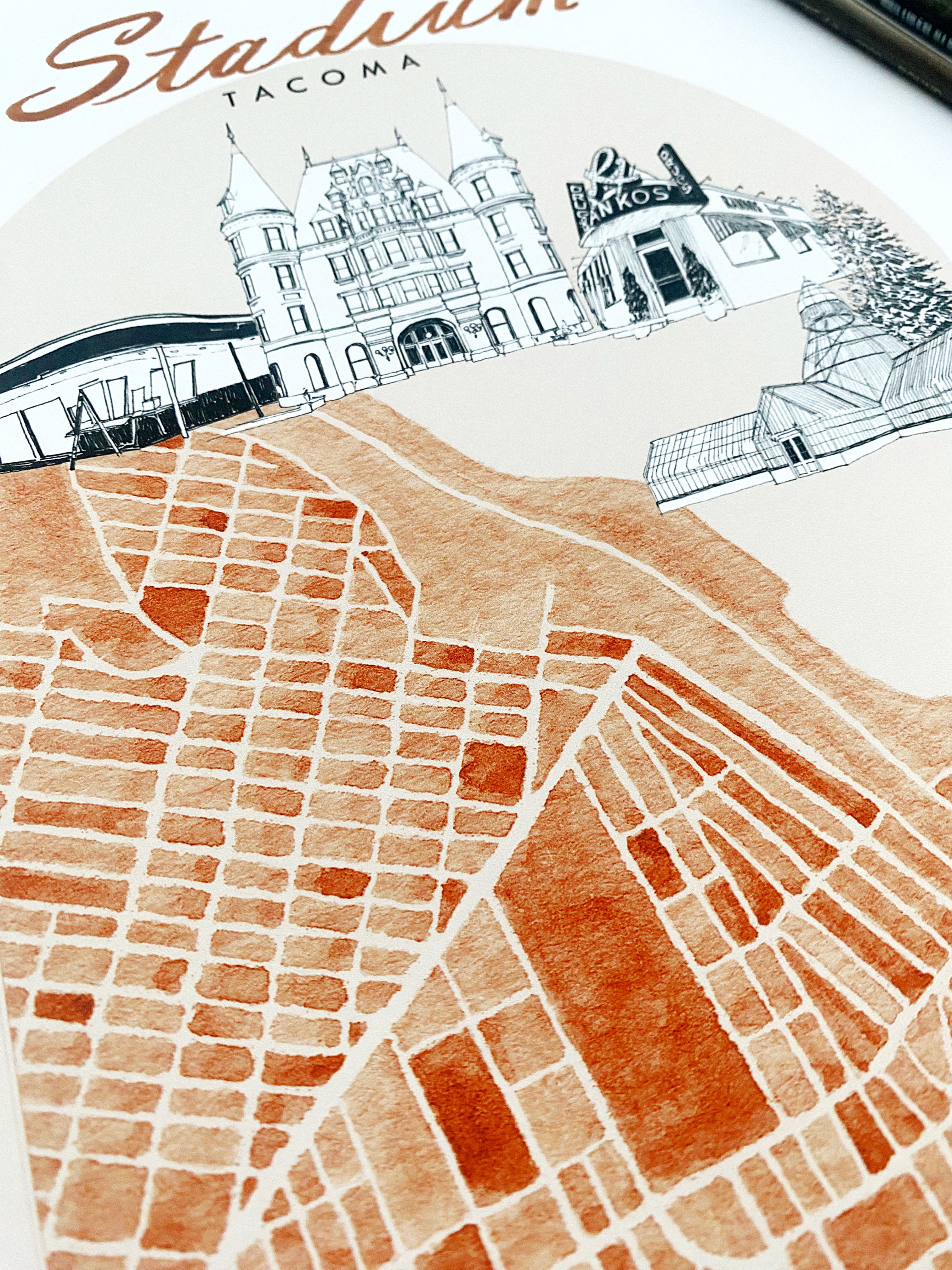 new STADIUM TACOMA Neighborhood "Charms" Watercolor Map: PRINT