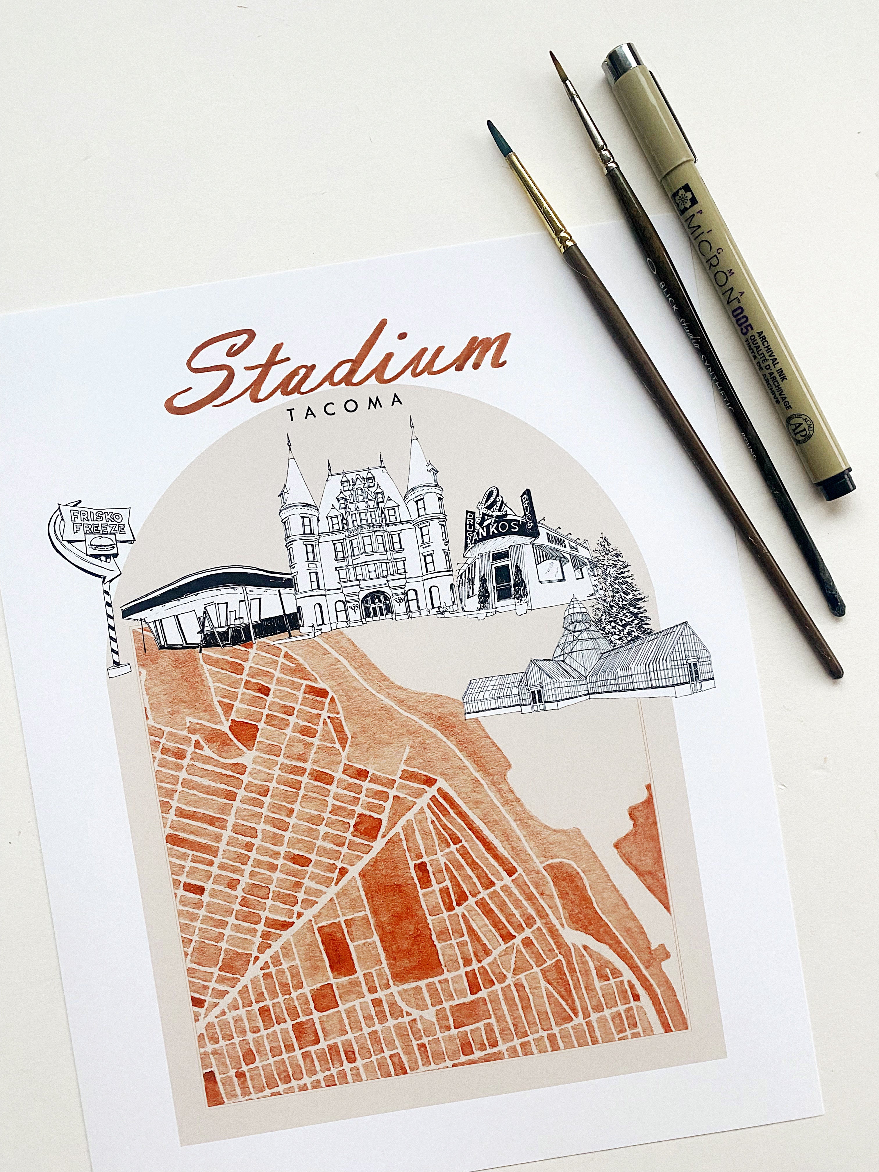 new STADIUM TACOMA Neighborhood "Charms" Watercolor Map: PRINT