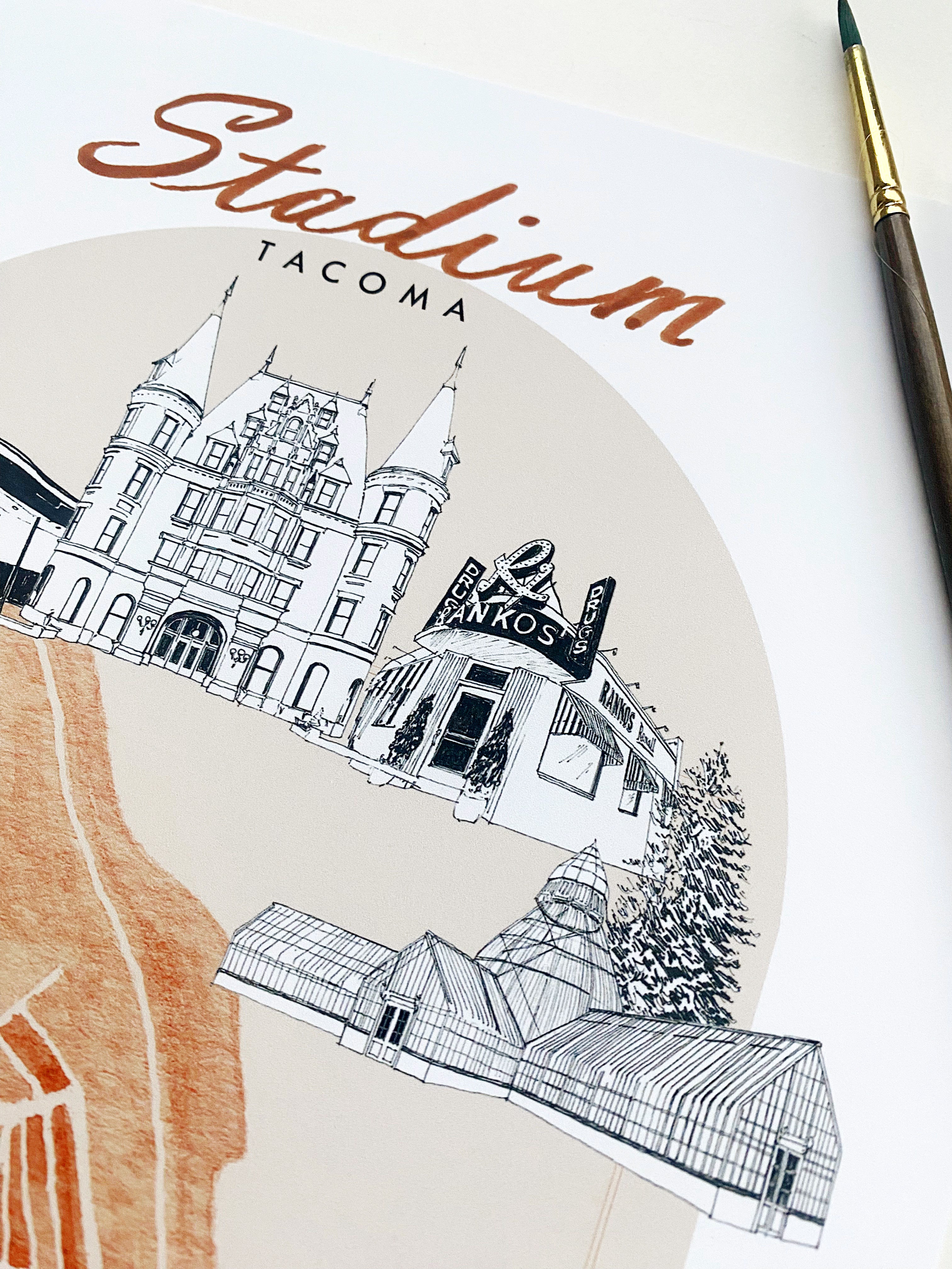 new STADIUM TACOMA Neighborhood "Charms" Watercolor Map: PRINT