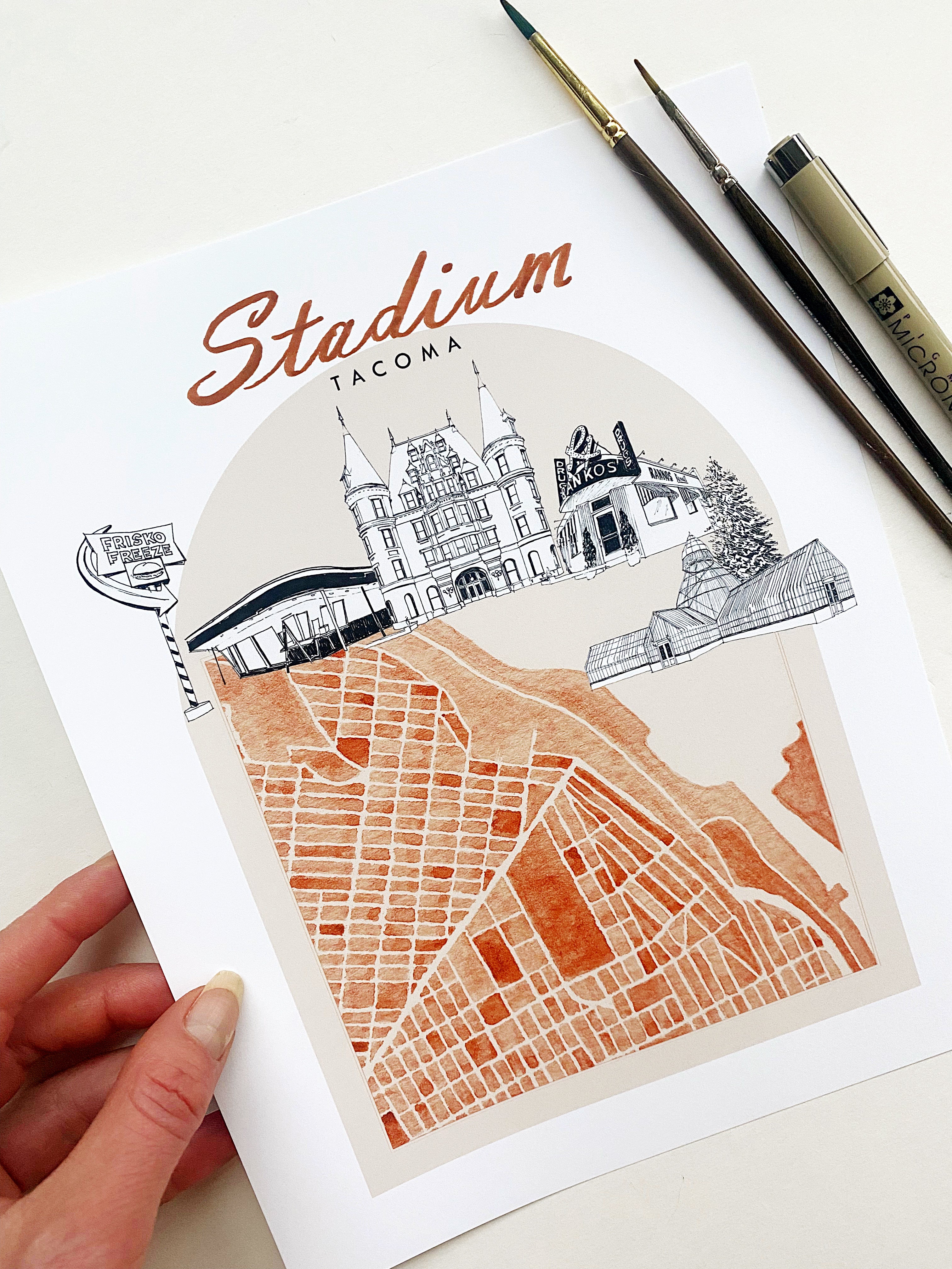 new STADIUM TACOMA Neighborhood "Charms" Watercolor Map: PRINT