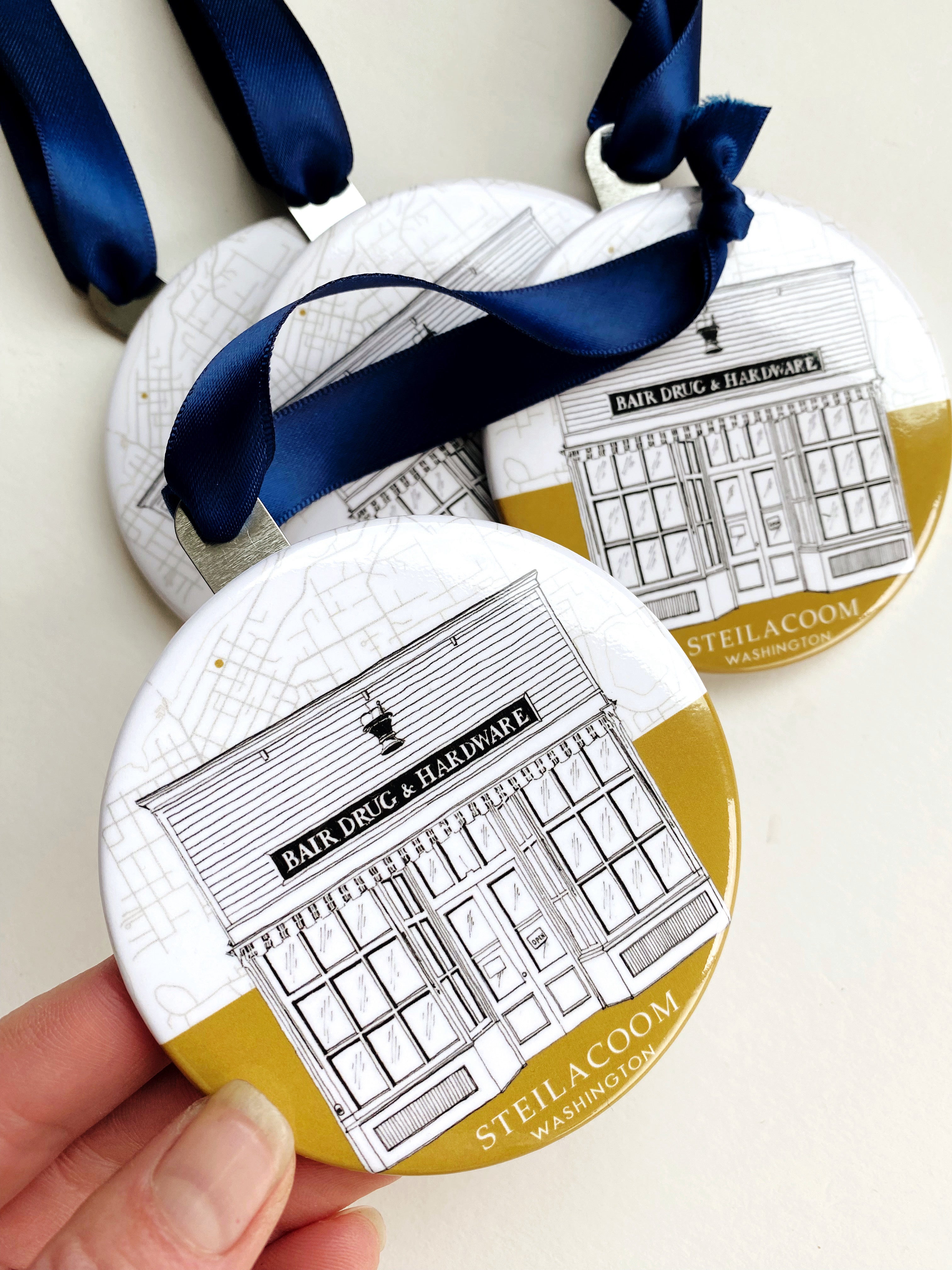 The Bair Drug STEILACOOM Washington Watercolor Map: ORNAMENT