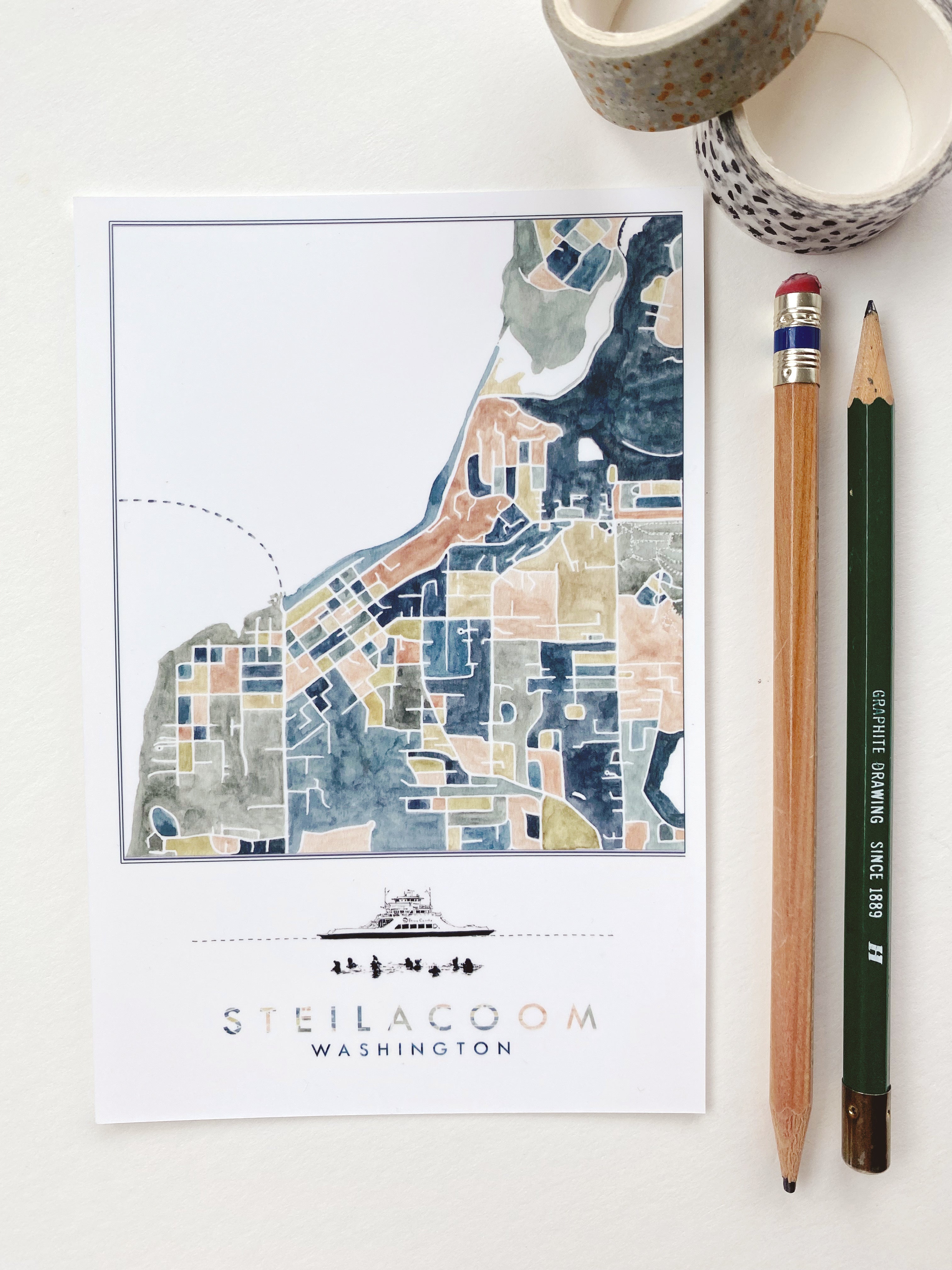 ColorFULL STEILACOOM Washington Map Postcard