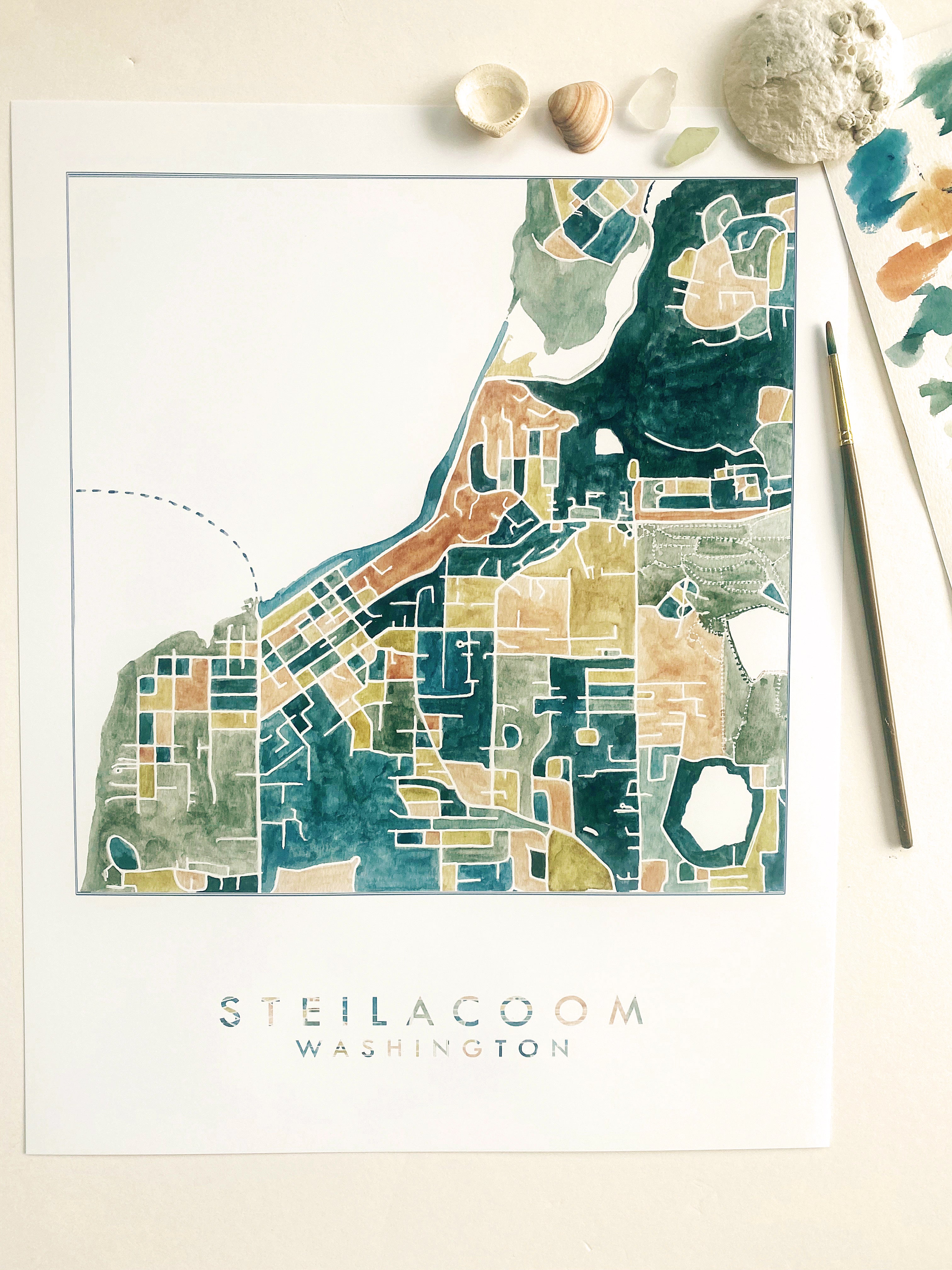 STEILACOOM Washington ColorFULL Watercolor City Blocks Map: PRINT