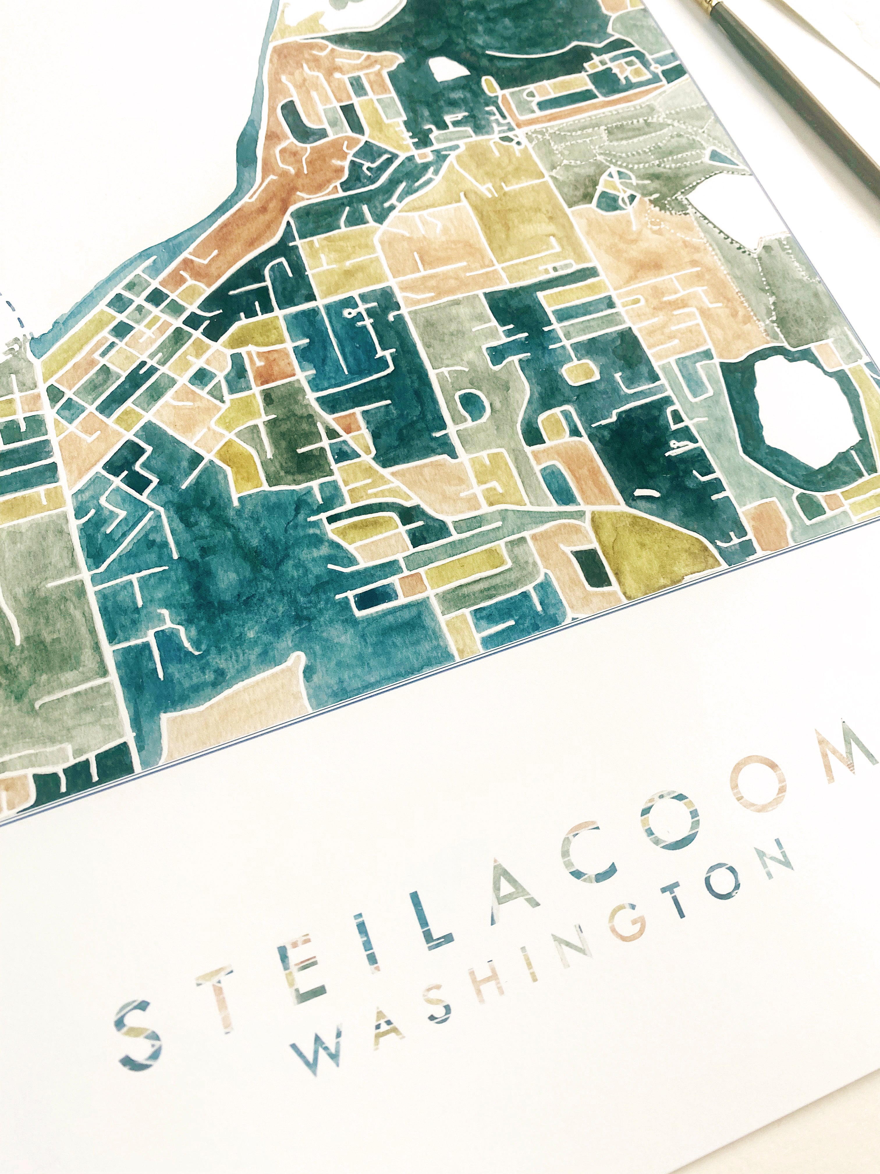 STEILACOOM Washington ColorFULL Watercolor City Blocks Map: PRINT