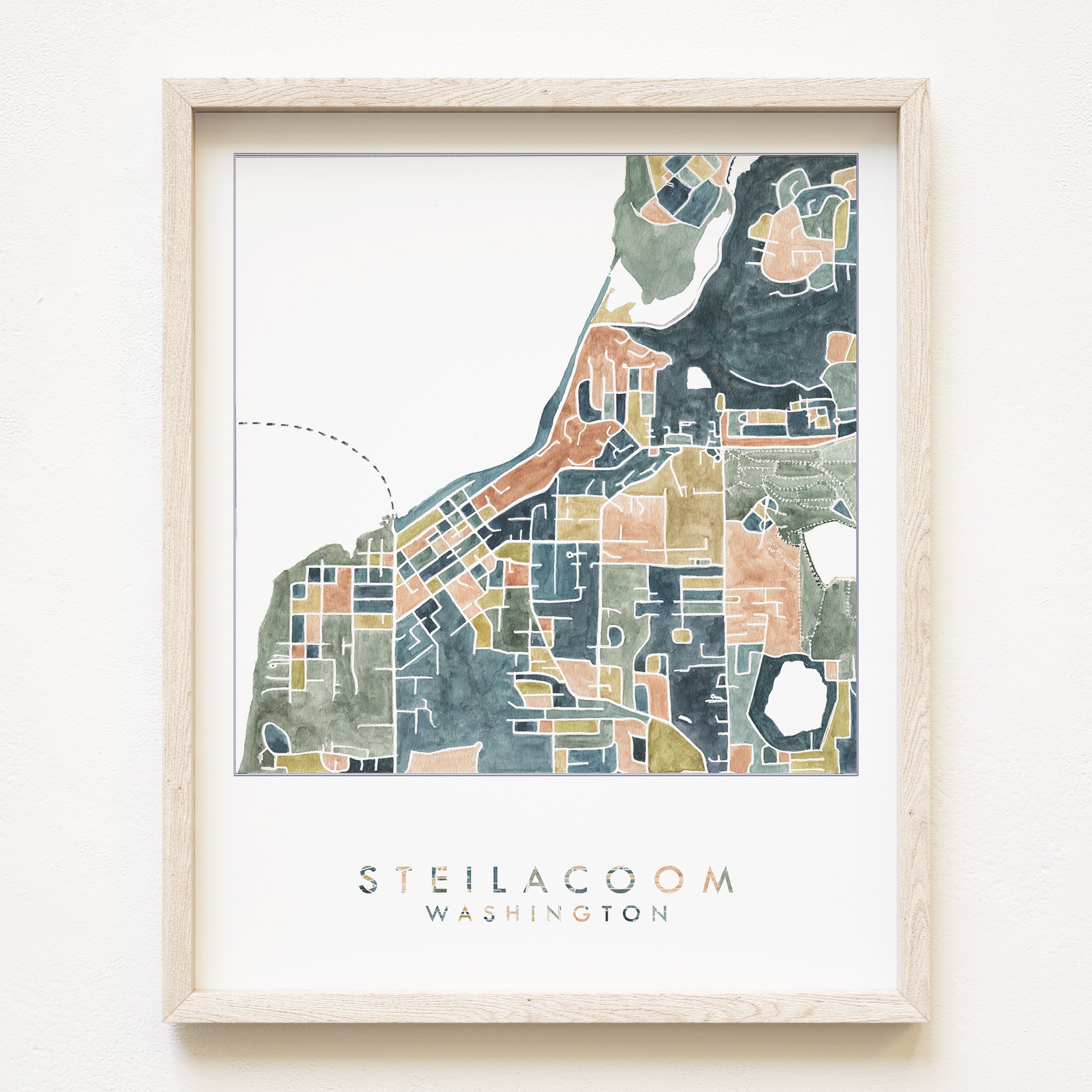 STEILACOOM Washington ColorFULL Watercolor City Blocks Map: PRINT