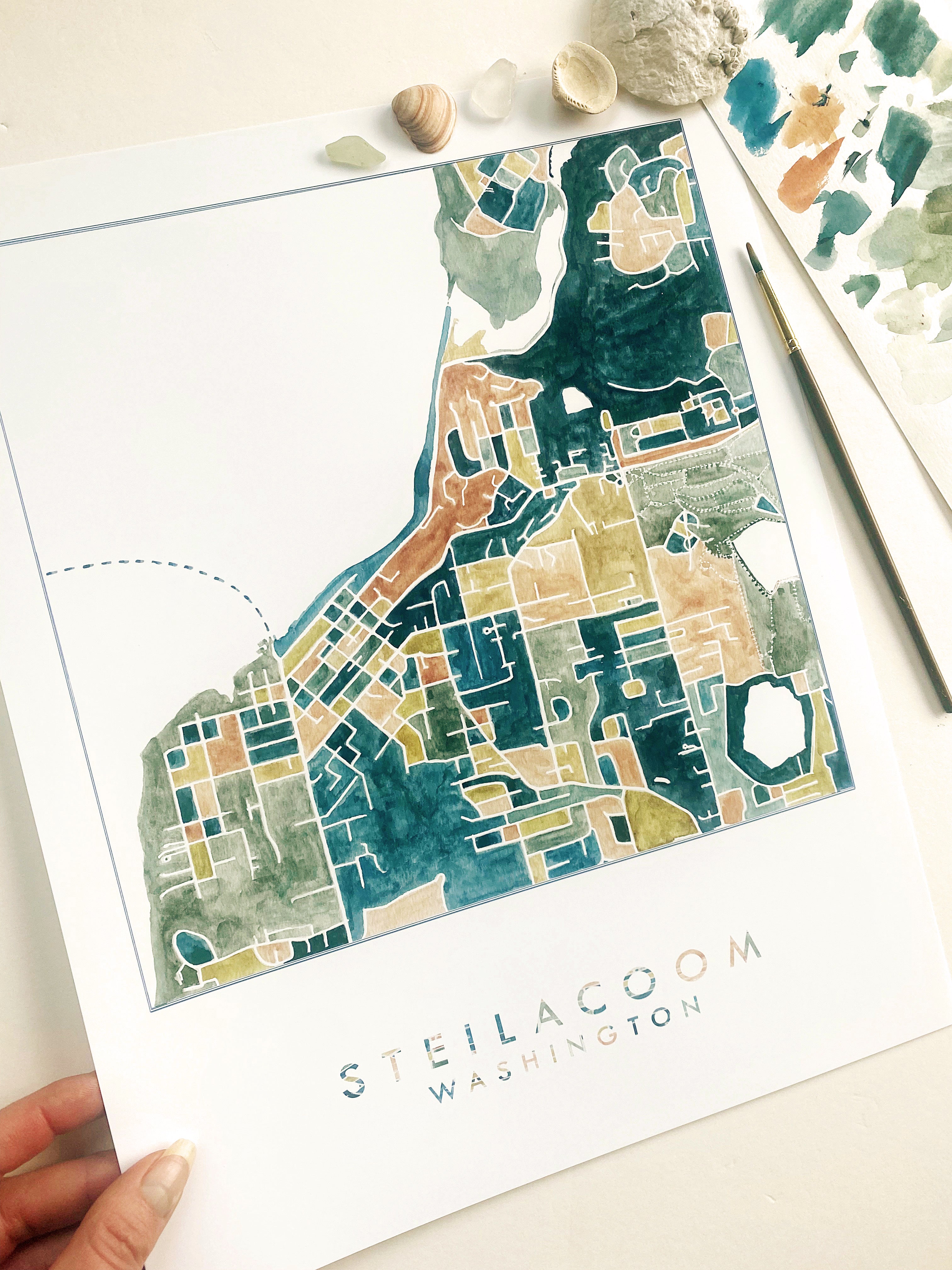 STEILACOOM Washington ColorFULL Watercolor City Blocks Map: PRINT