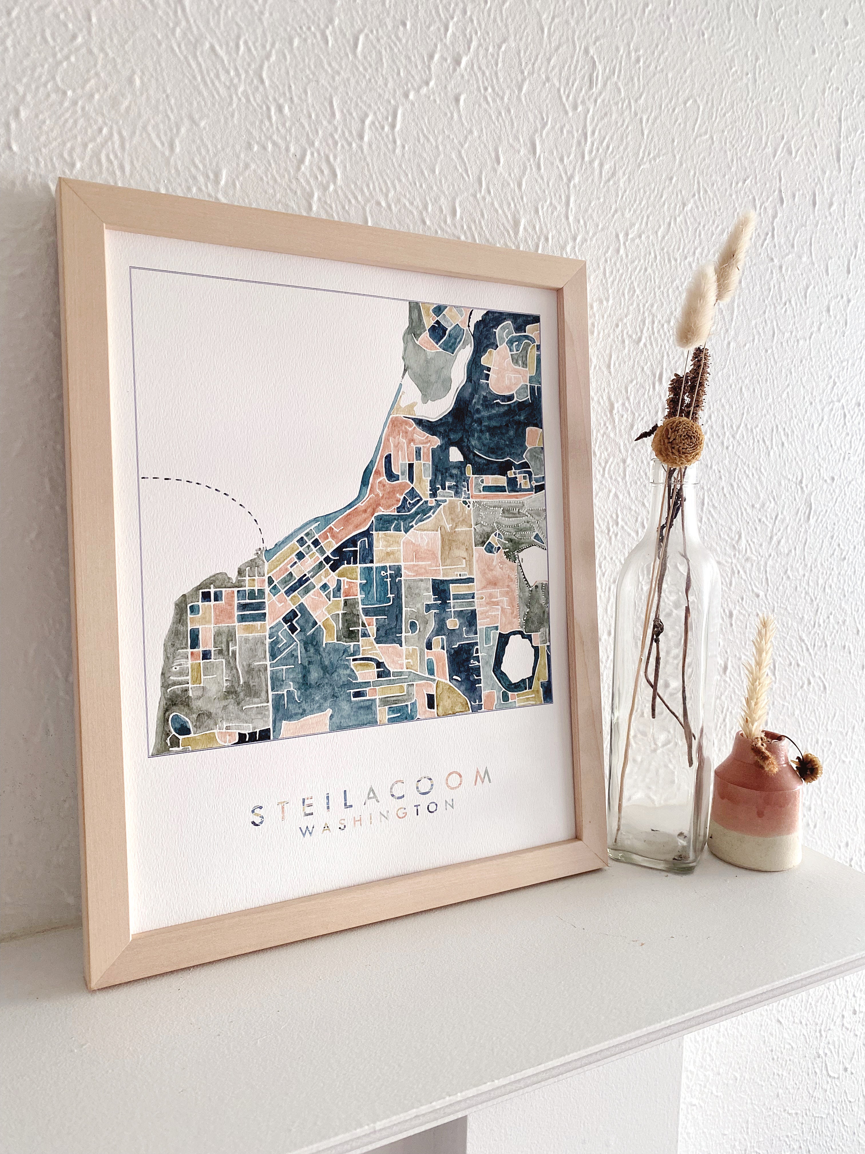 STEILACOOM Washington ColorFULL Watercolor City Blocks Map: ORIGINAL PAINTING