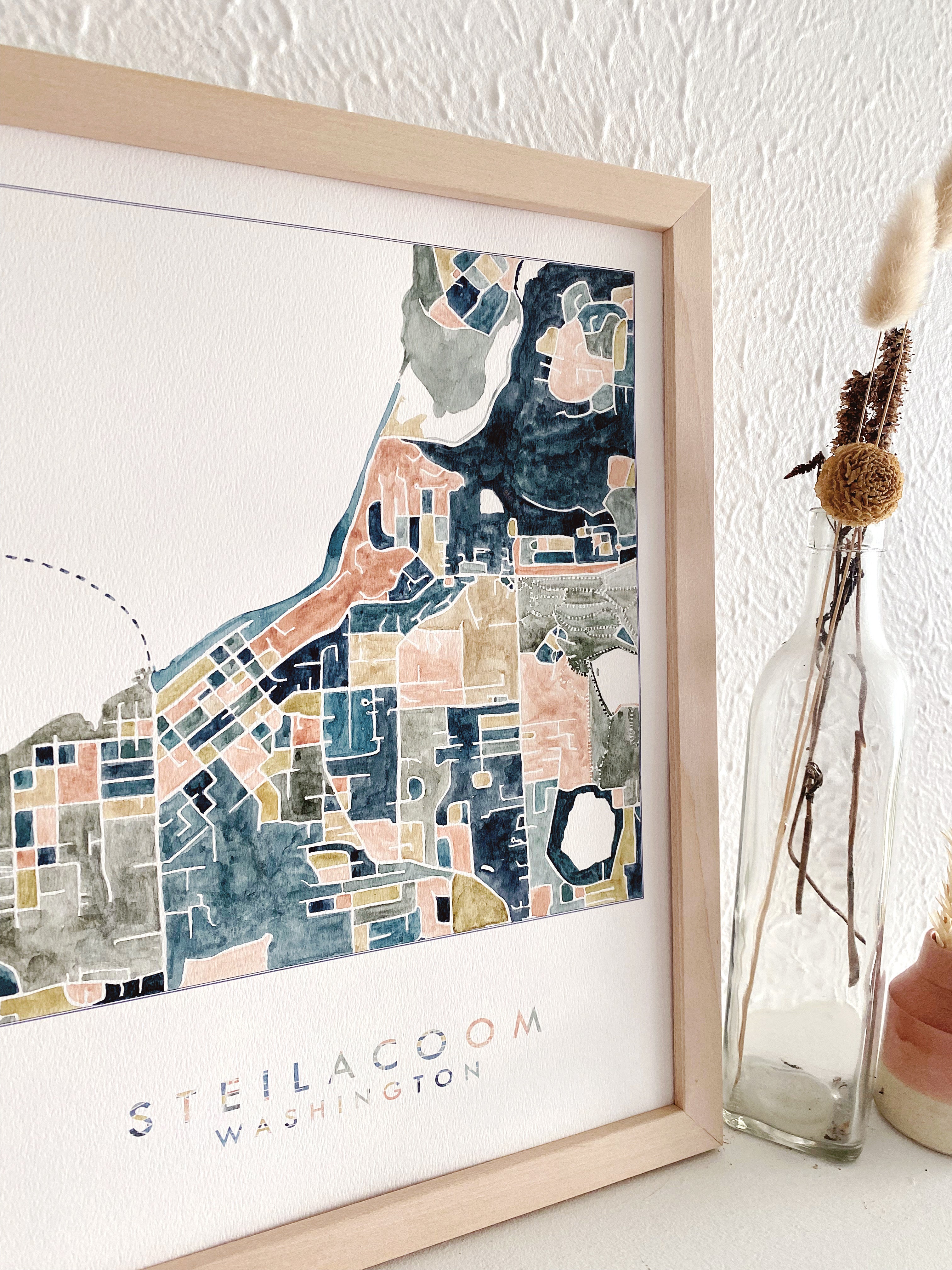 STEILACOOM Washington ColorFULL Watercolor City Blocks Map: ORIGINAL PAINTING
