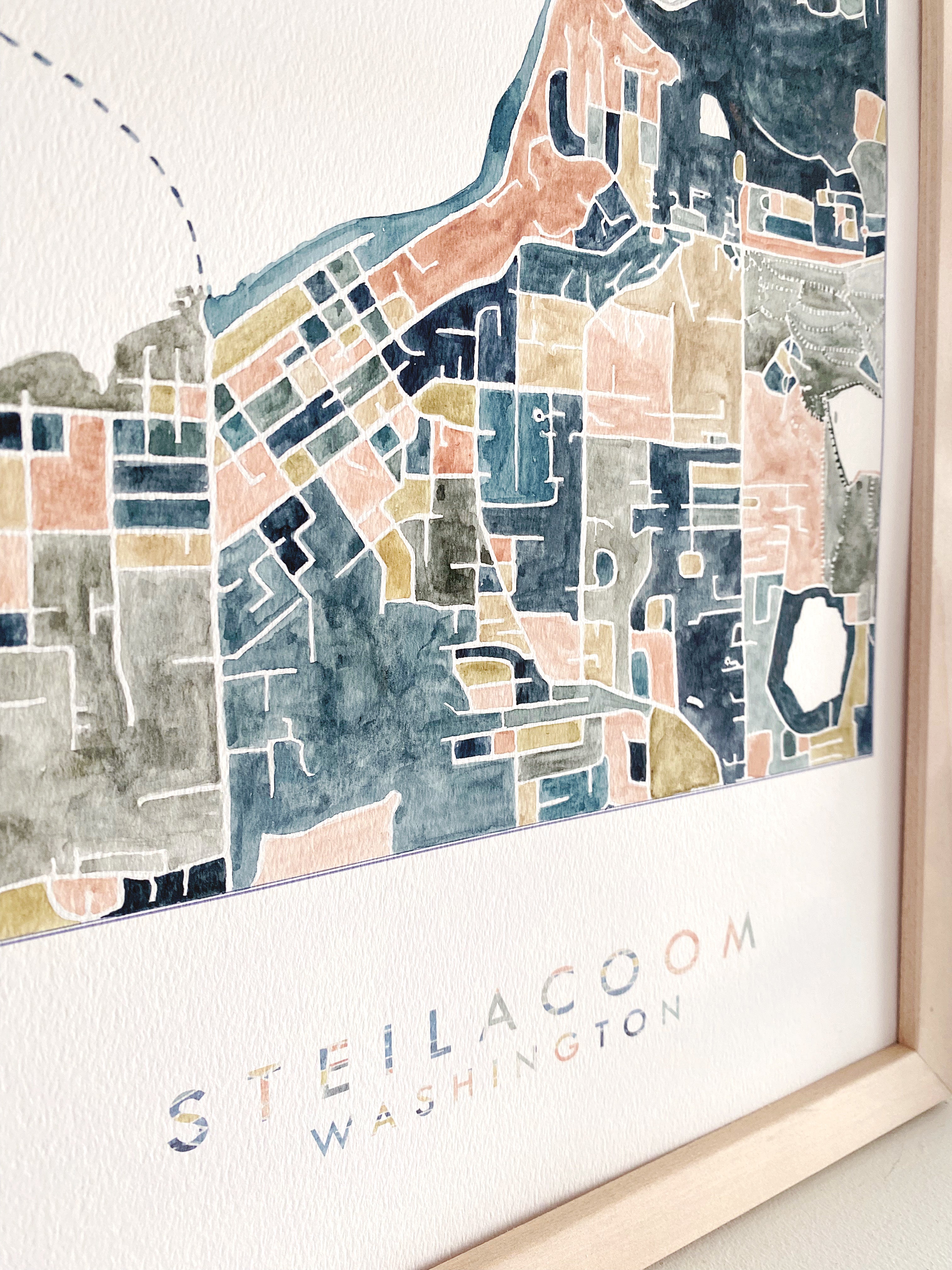 STEILACOOM Washington ColorFULL Watercolor City Blocks Map: ORIGINAL PAINTING