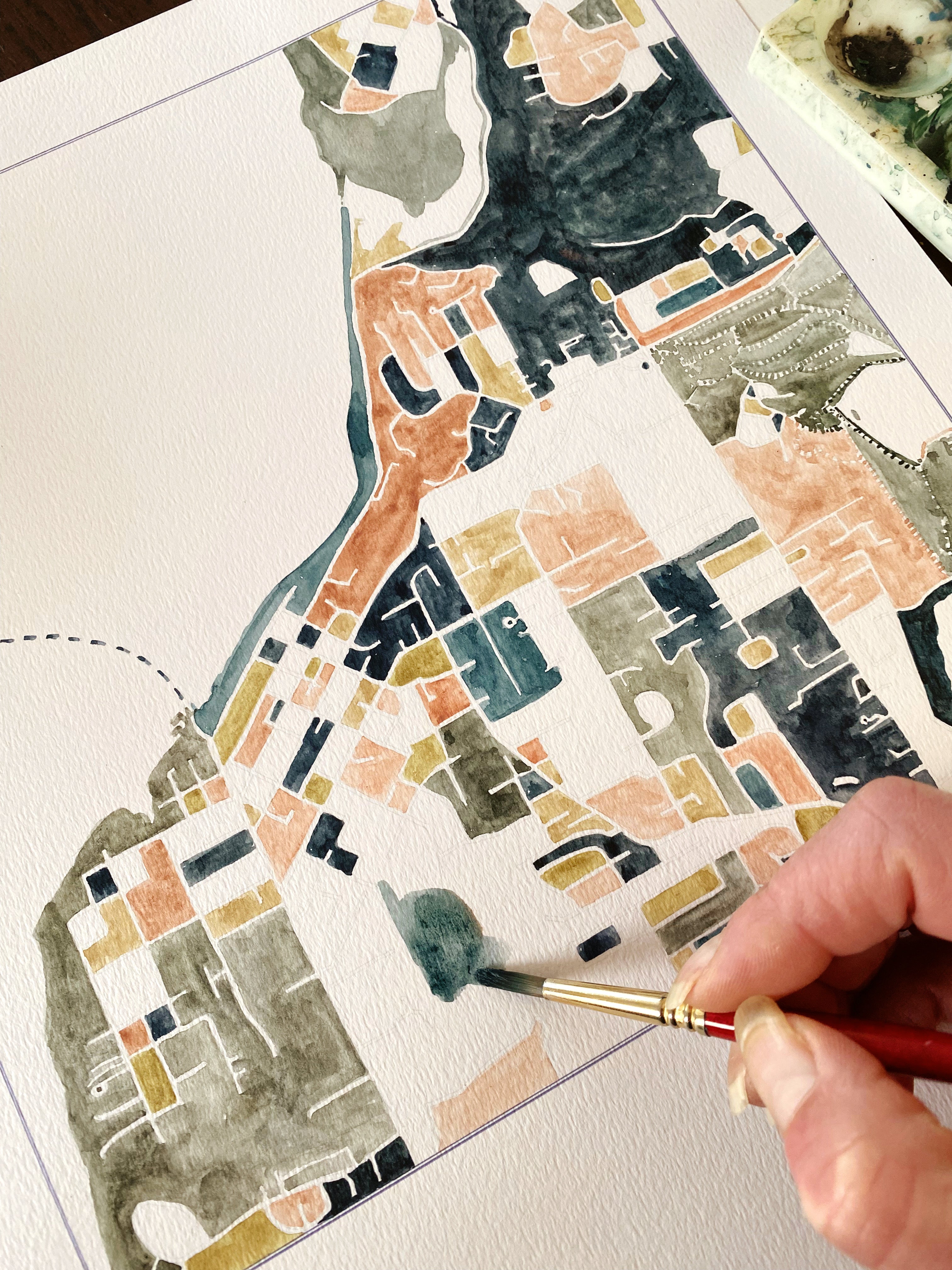 STEILACOOM Washington ColorFULL Watercolor City Blocks Map: ORIGINAL PAINTING