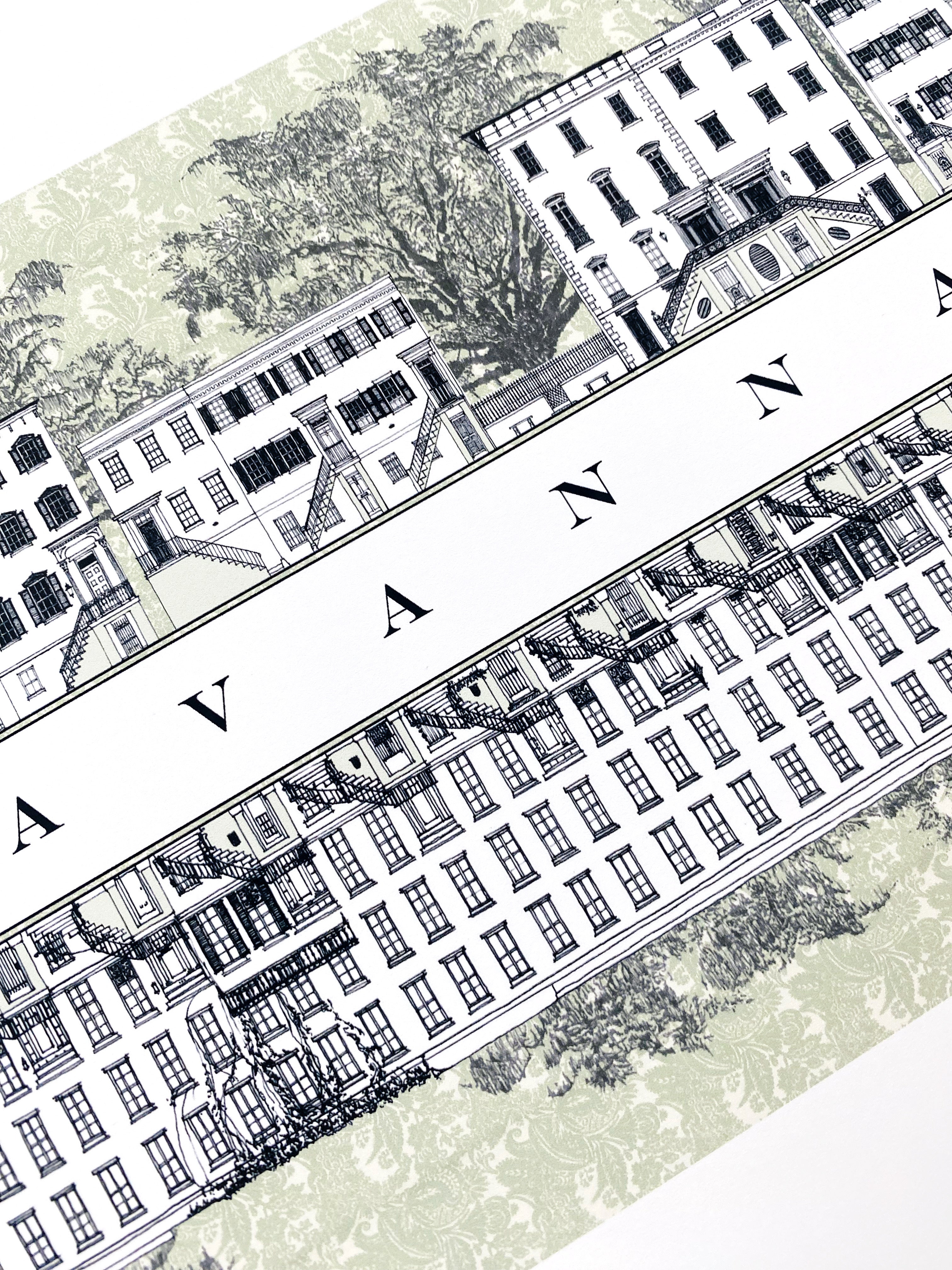 Savannah GA Architecture Rowhomes Streetscape Drawing: ART PRINT