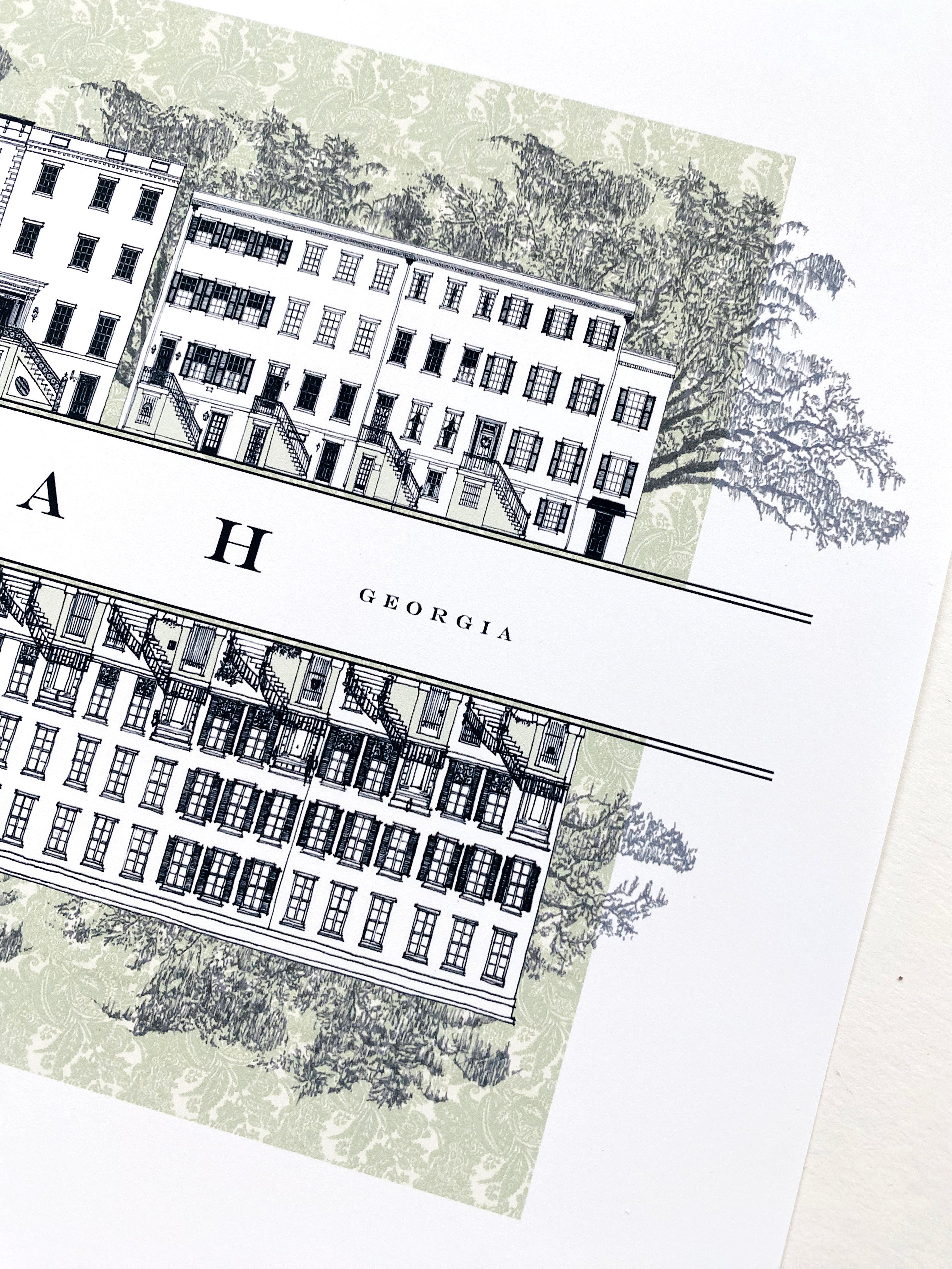 Savannah GA Architecture Rowhomes Streetscape Drawing: ART PRINT