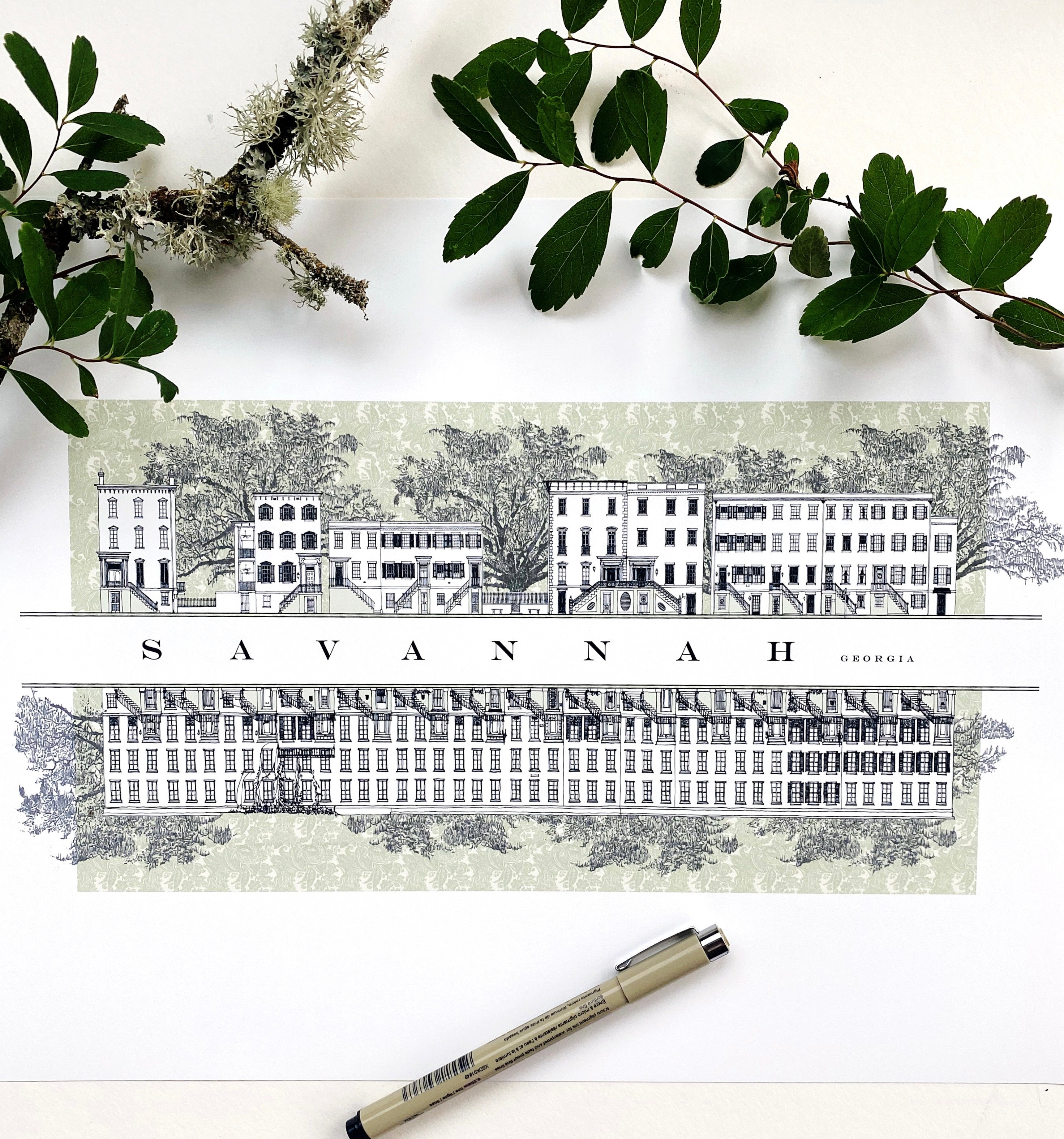 Savannah GA Architecture Rowhomes Streetscape Drawing: ART PRINT