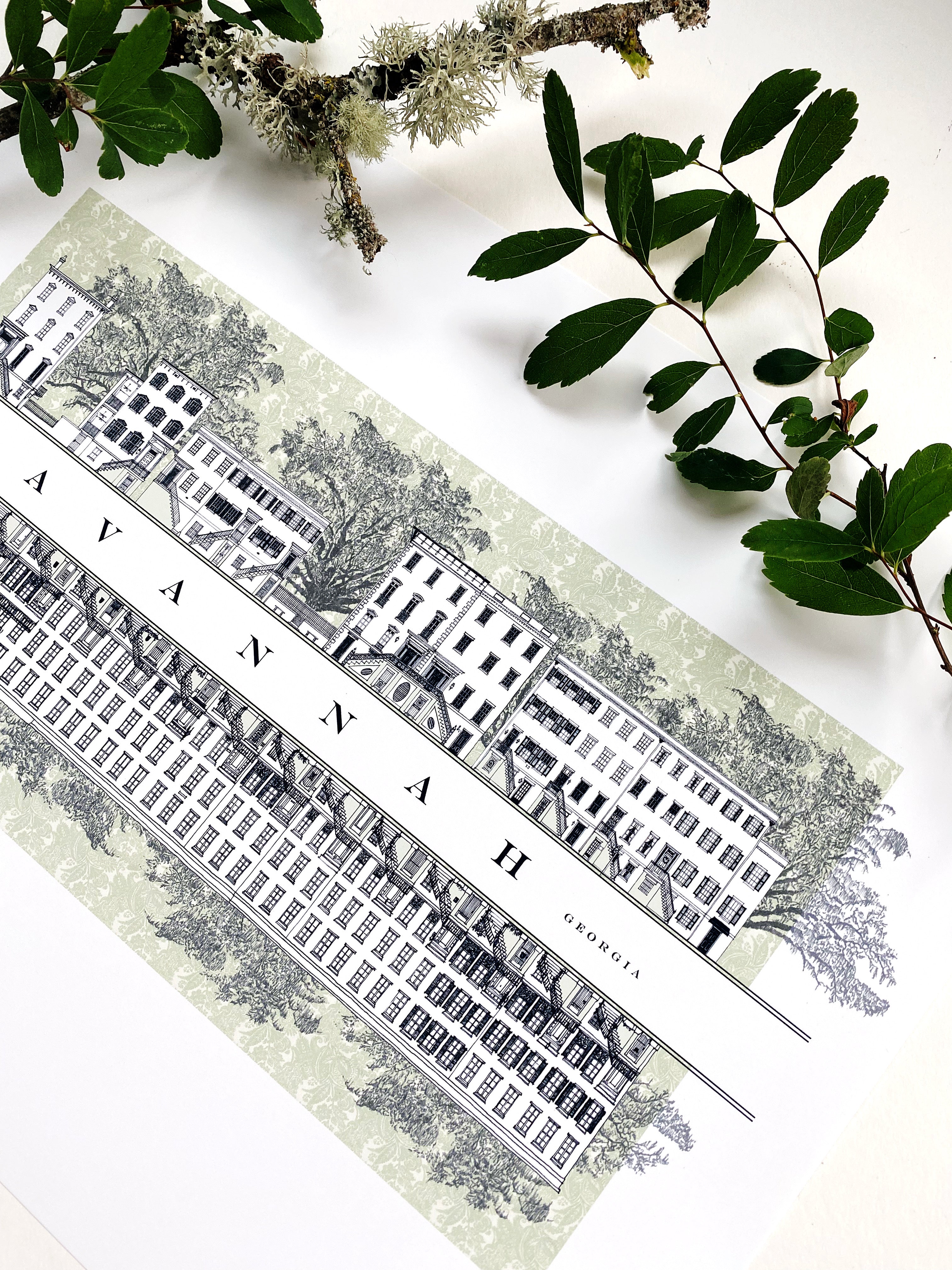 Savannah GA Architecture Rowhomes Streetscape Drawing: ART PRINT