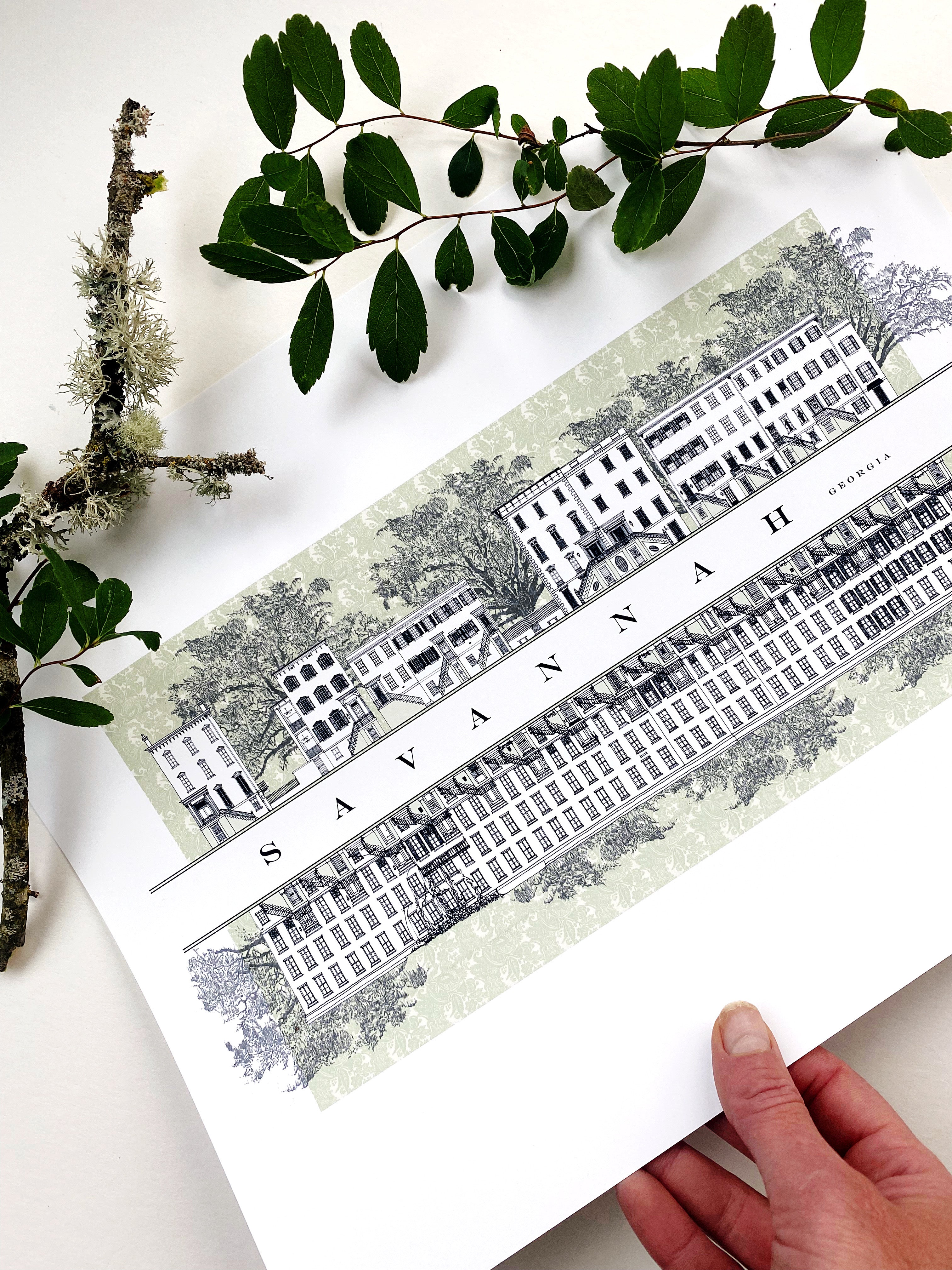 Savannah GA Architecture Rowhomes Streetscape Drawing: ART PRINT