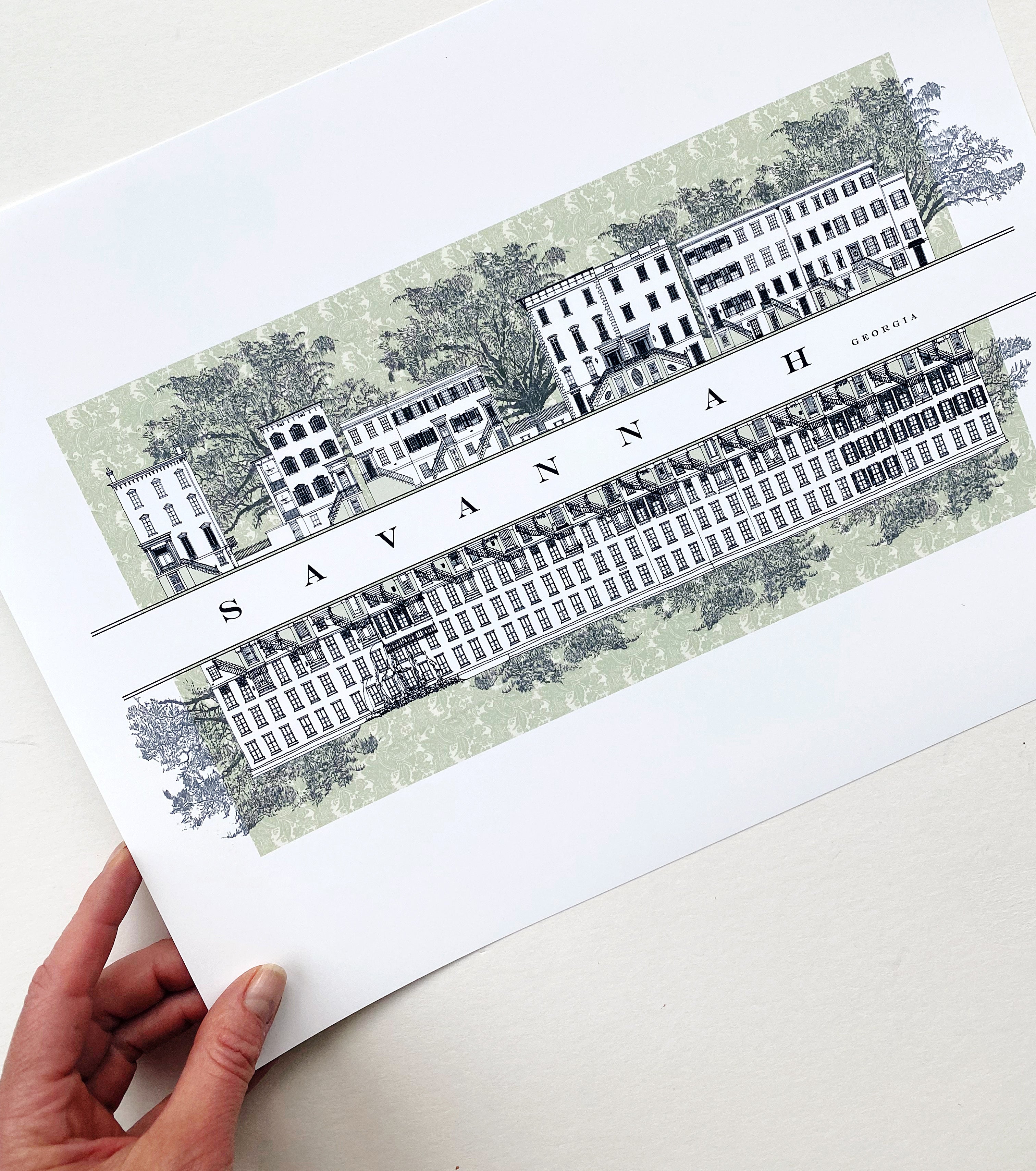 Savannah GA Architecture Rowhomes Streetscape Drawing: ART PRINT