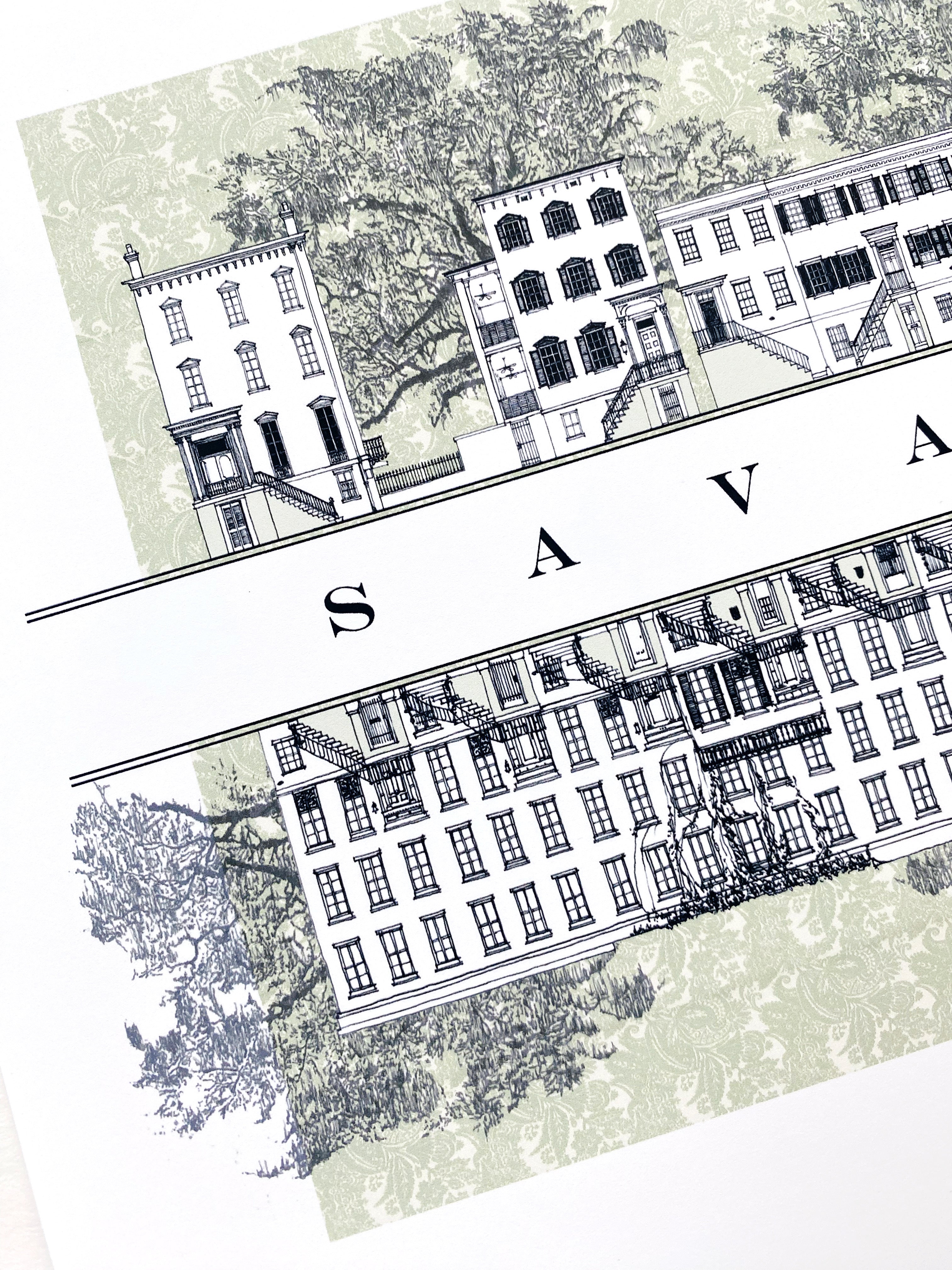Savannah GA Architecture Rowhomes Streetscape Drawing: ART PRINT