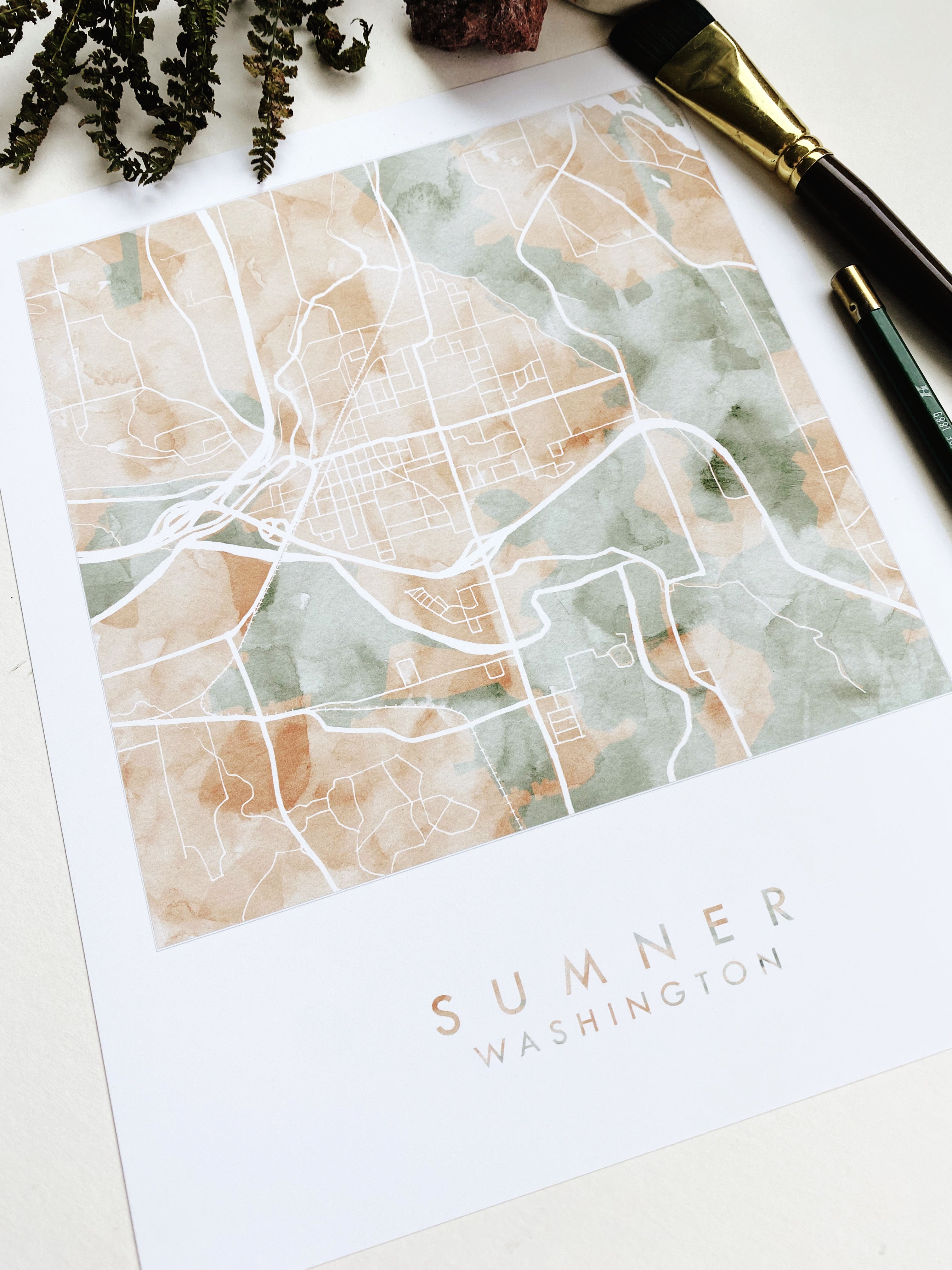 SUMNER Washington Watercolor Wash Map: PRINT