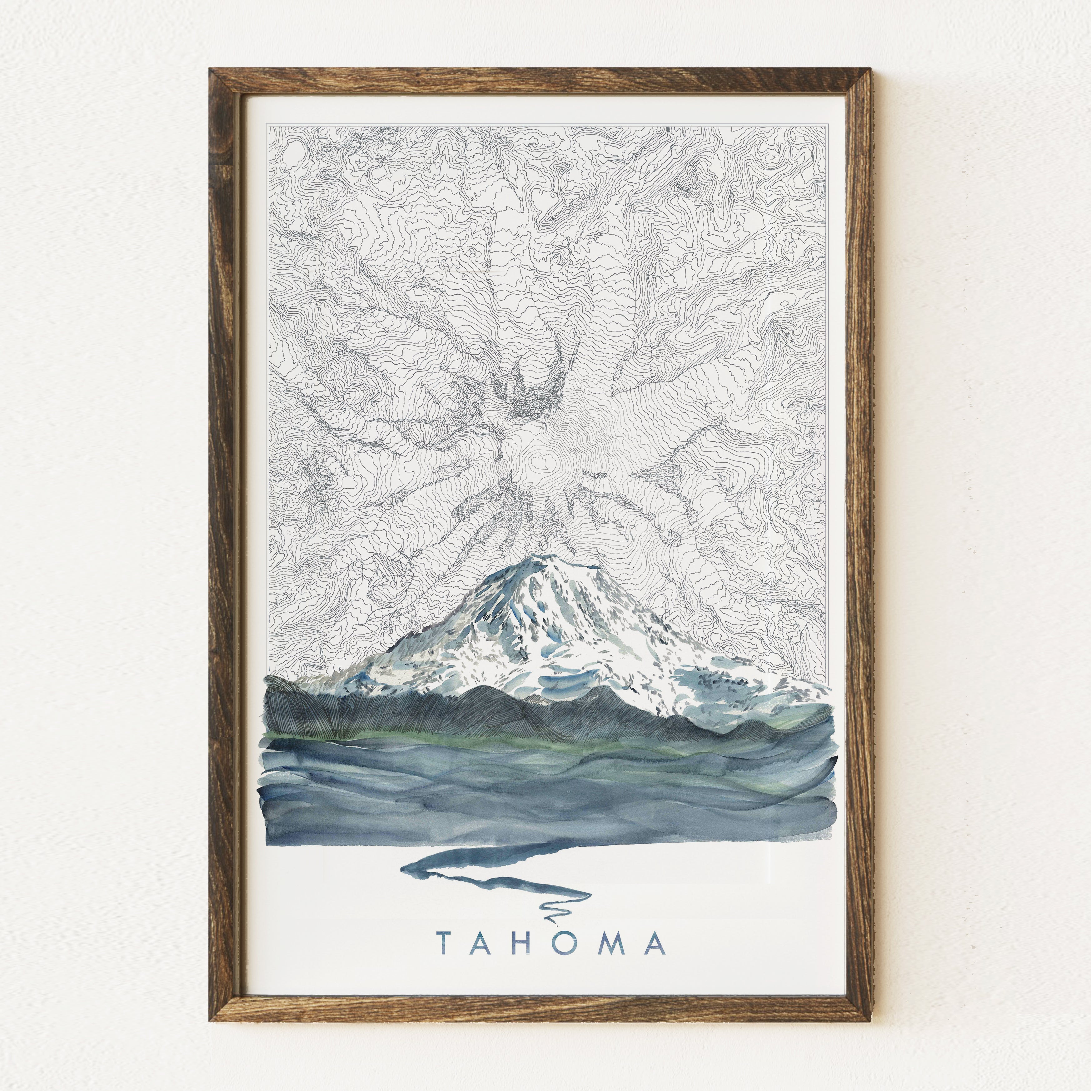 MOUNT RAINIER Tahoma Washington Topographical Map Drawing + Mountain + River Painting: Tall PRINT