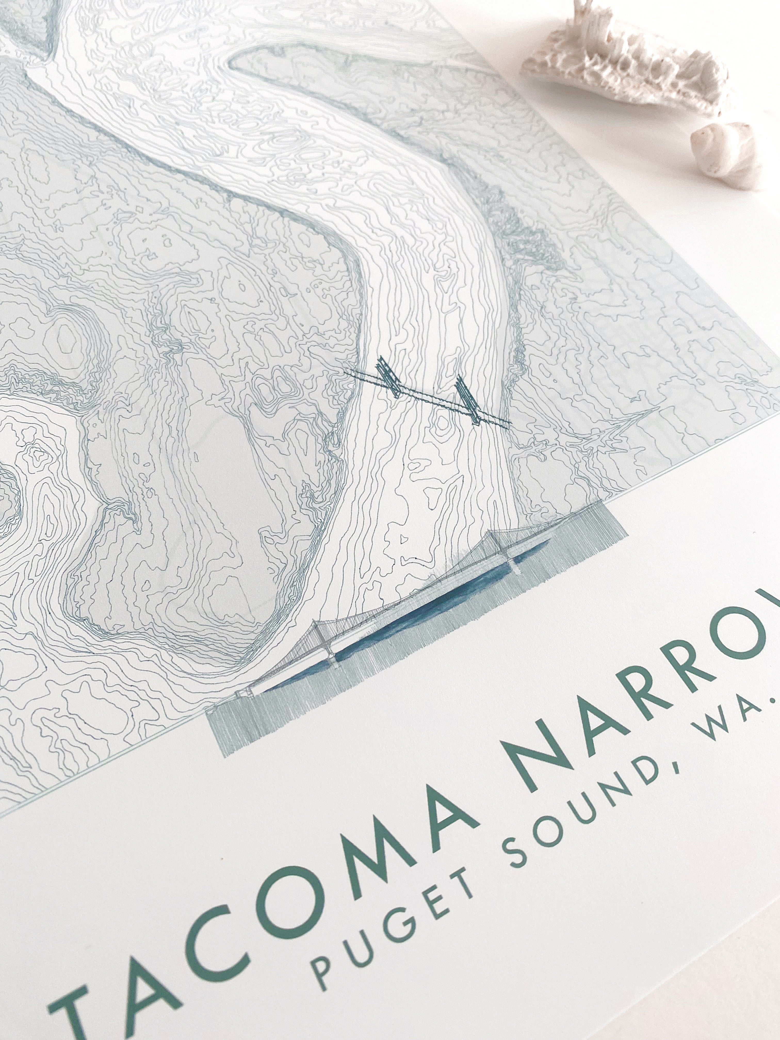 Tacoma NARROWS Gig Harbor Land + Water Map Drawing: PRINT