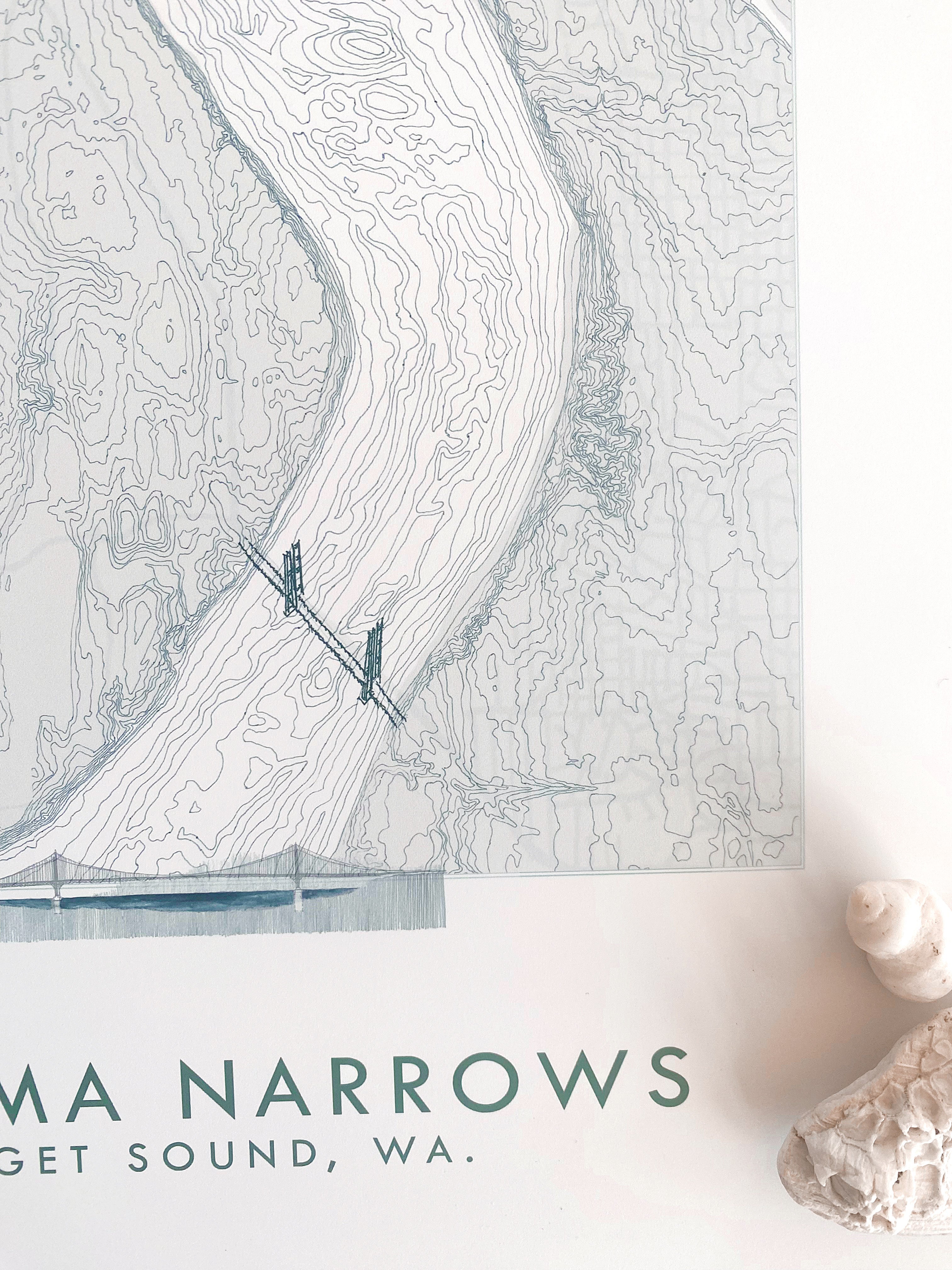 Tacoma NARROWS Gig Harbor Land + Water Map Drawing: PRINT