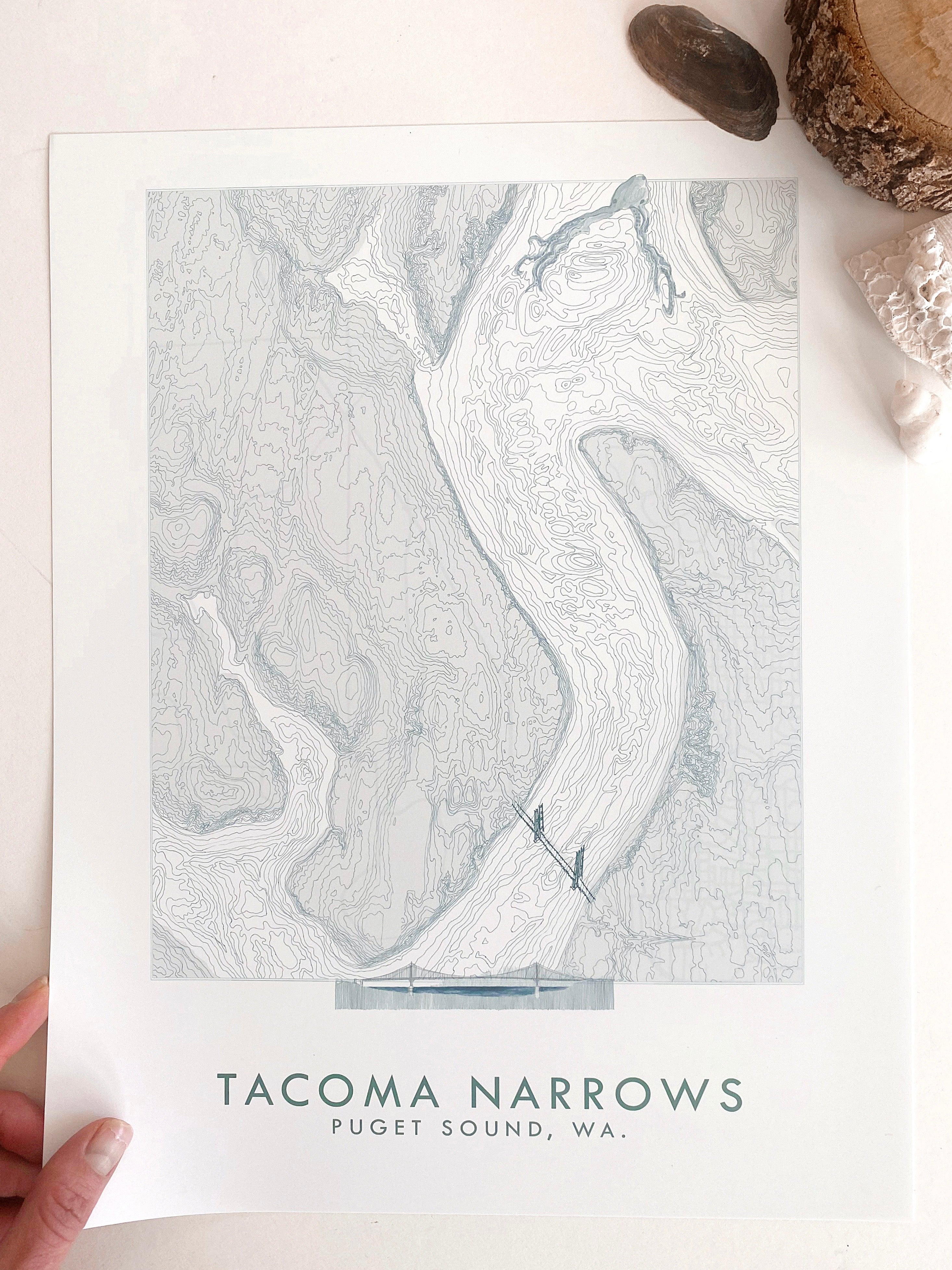 Tacoma NARROWS Gig Harbor Land + Water Map Drawing: PRINT