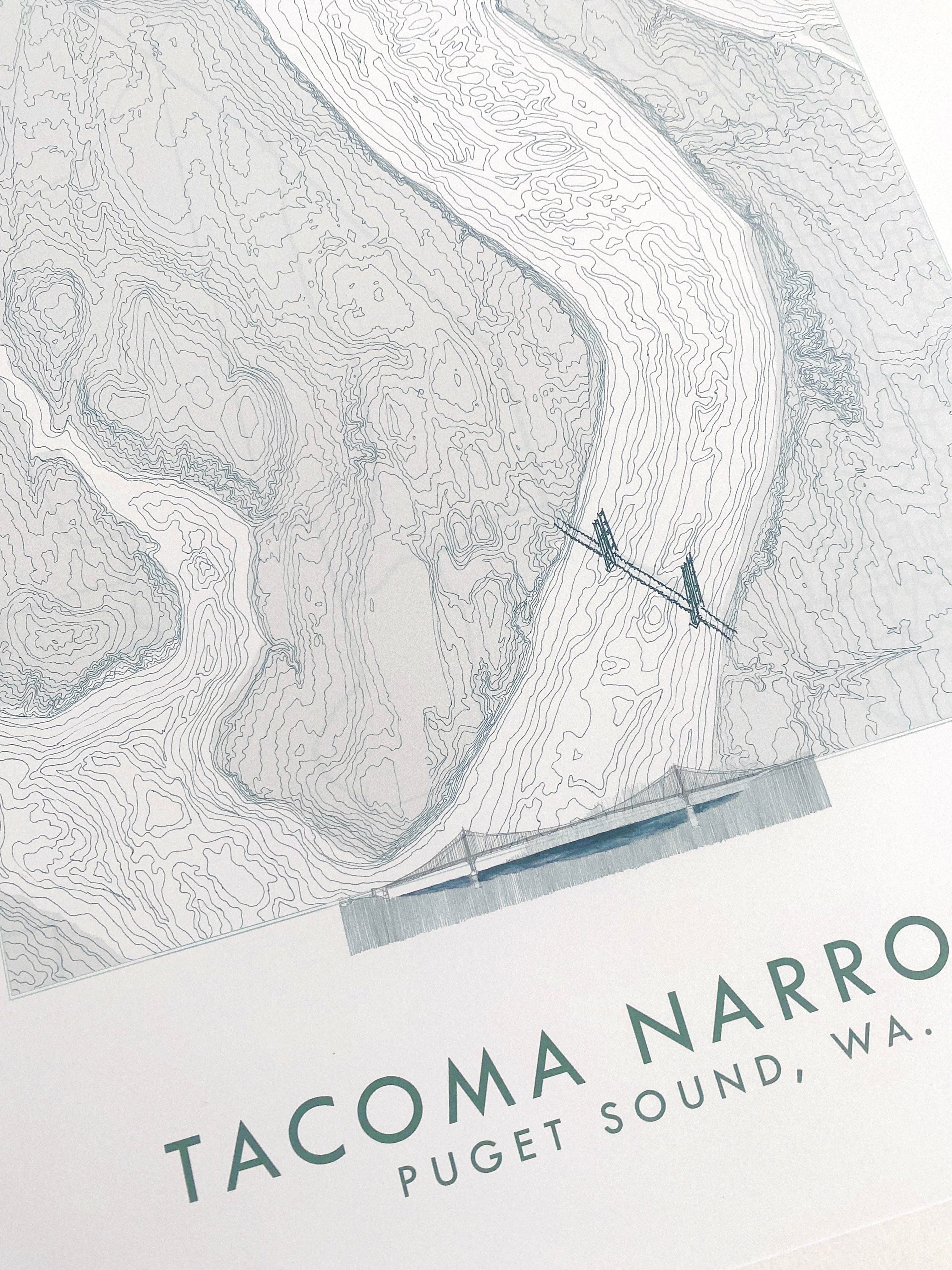 Tacoma NARROWS Gig Harbor Land + Water Map Drawing: PRINT