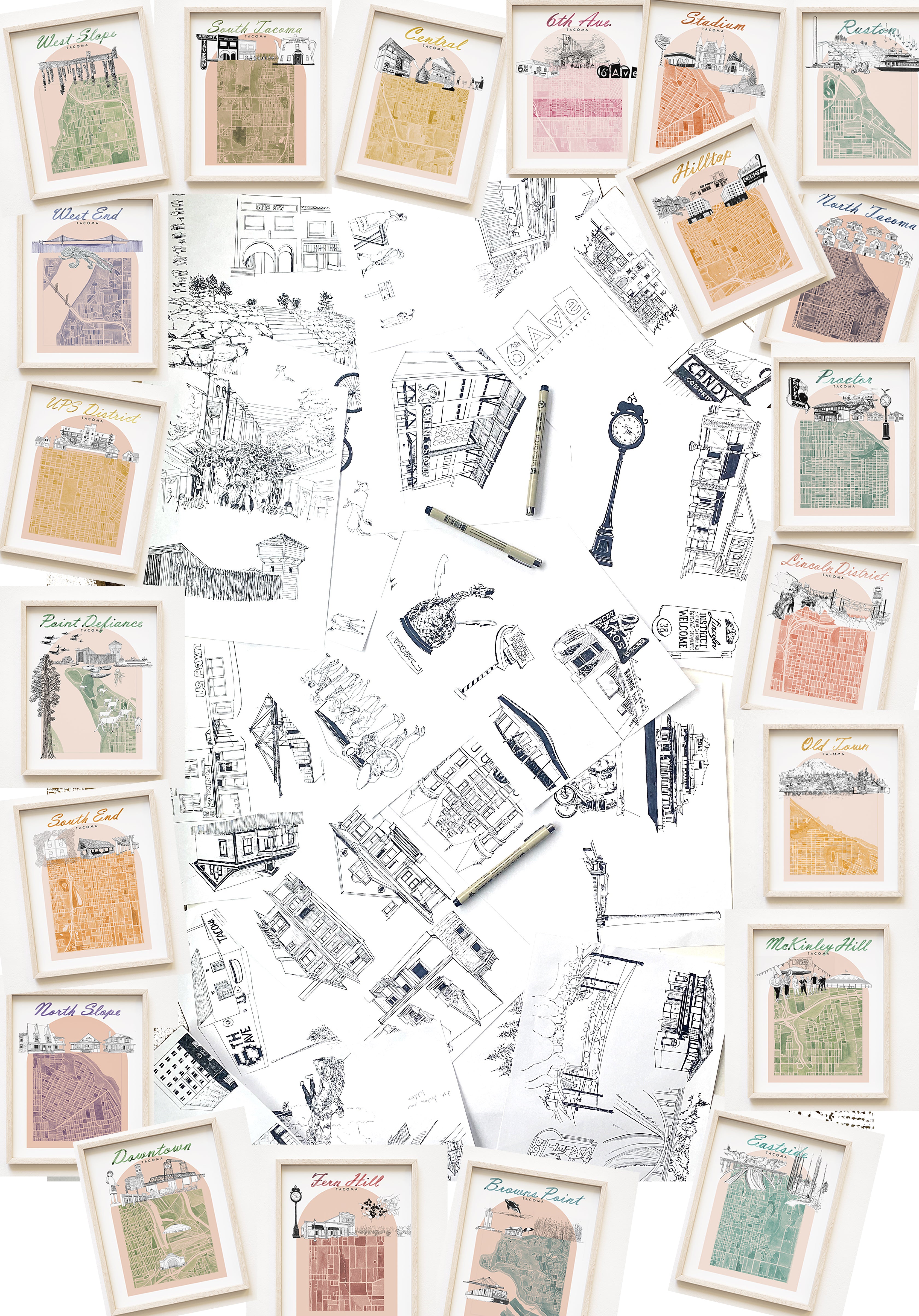 new STADIUM TACOMA Neighborhood "Charms" Watercolor Map: PRINT