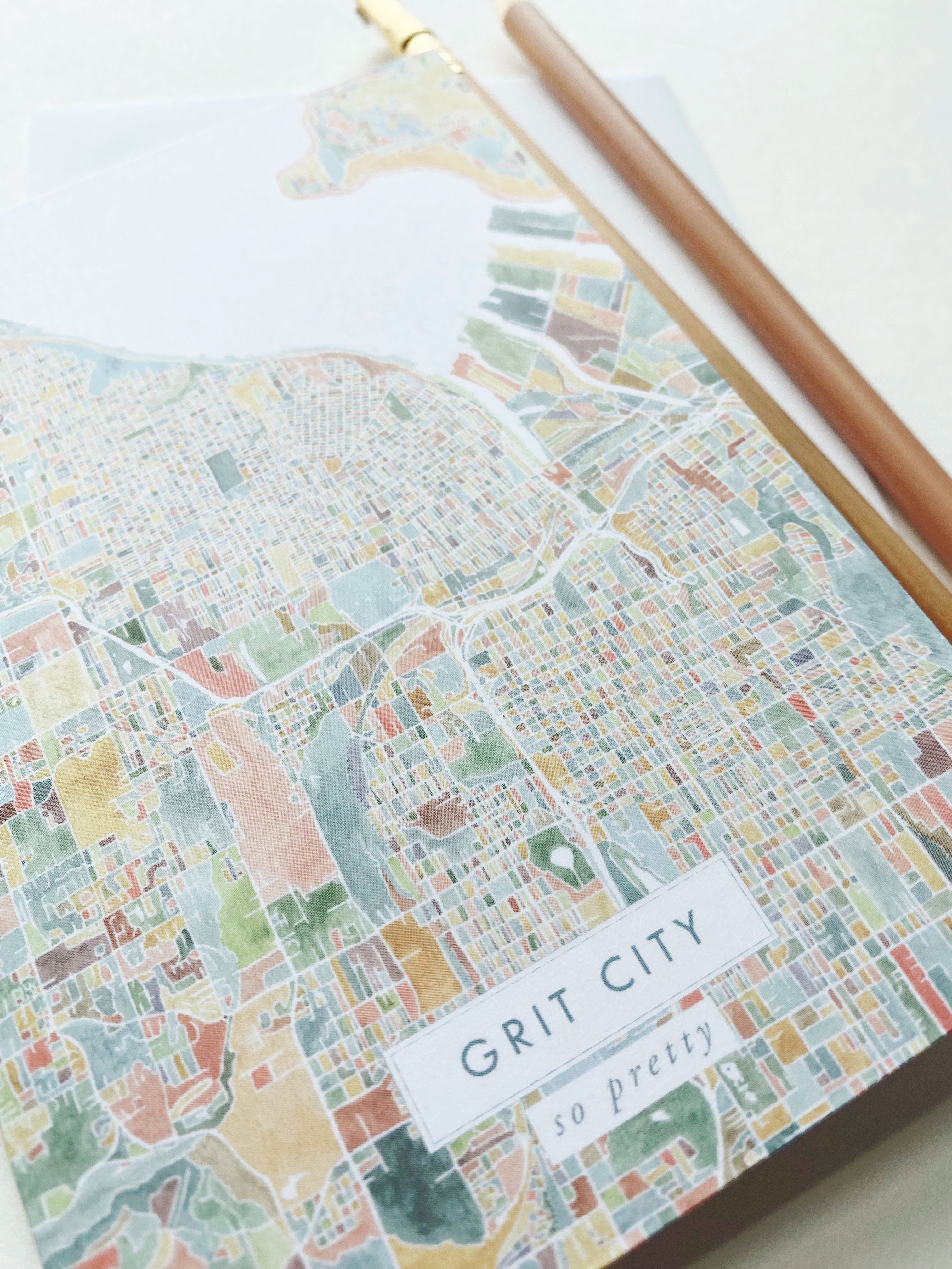 GRIT CITY Tacoma Washington Watercolor Map - city nickname greeting card