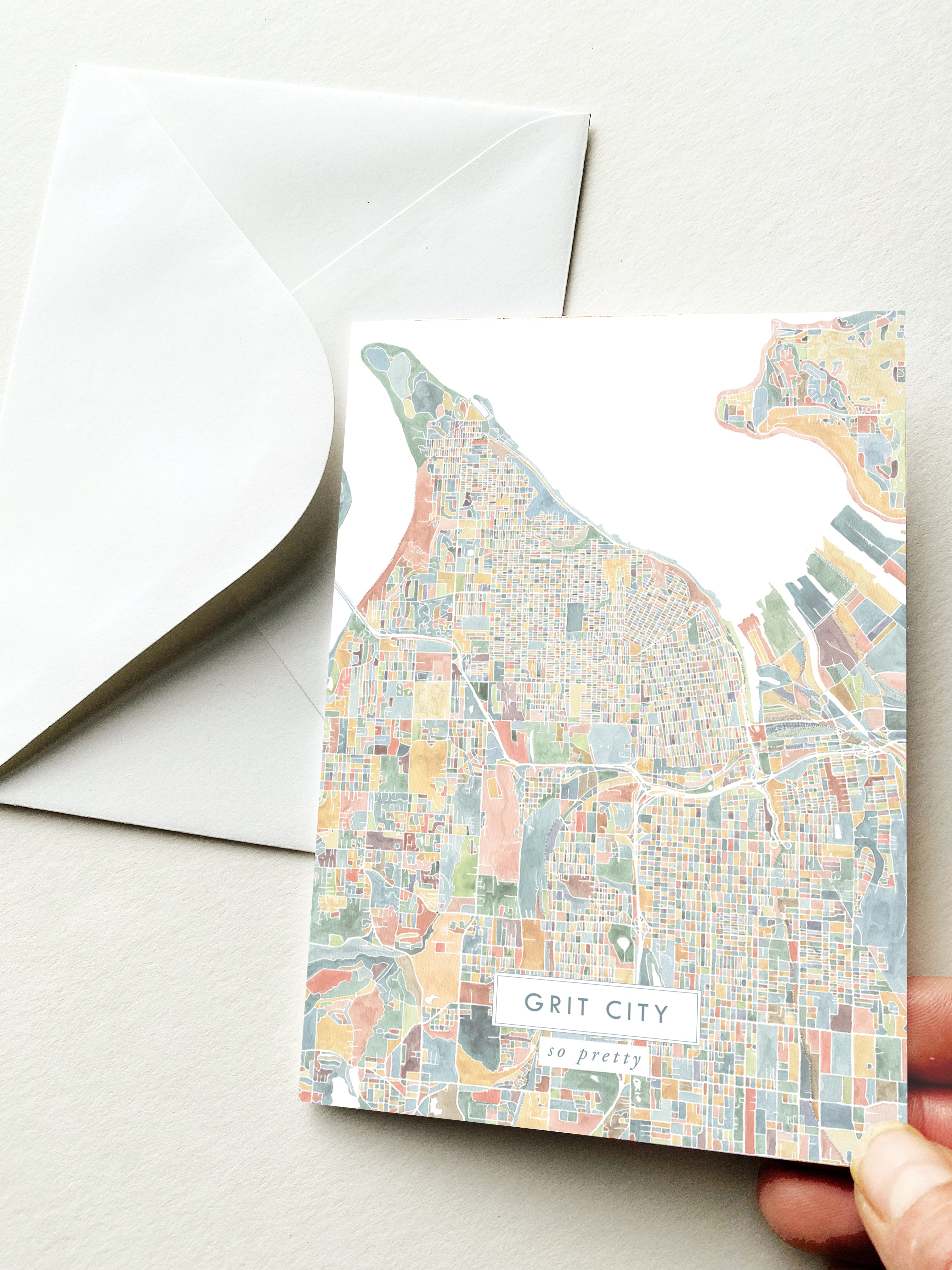 GRIT CITY Tacoma Washington Watercolor Map - city nickname greeting card